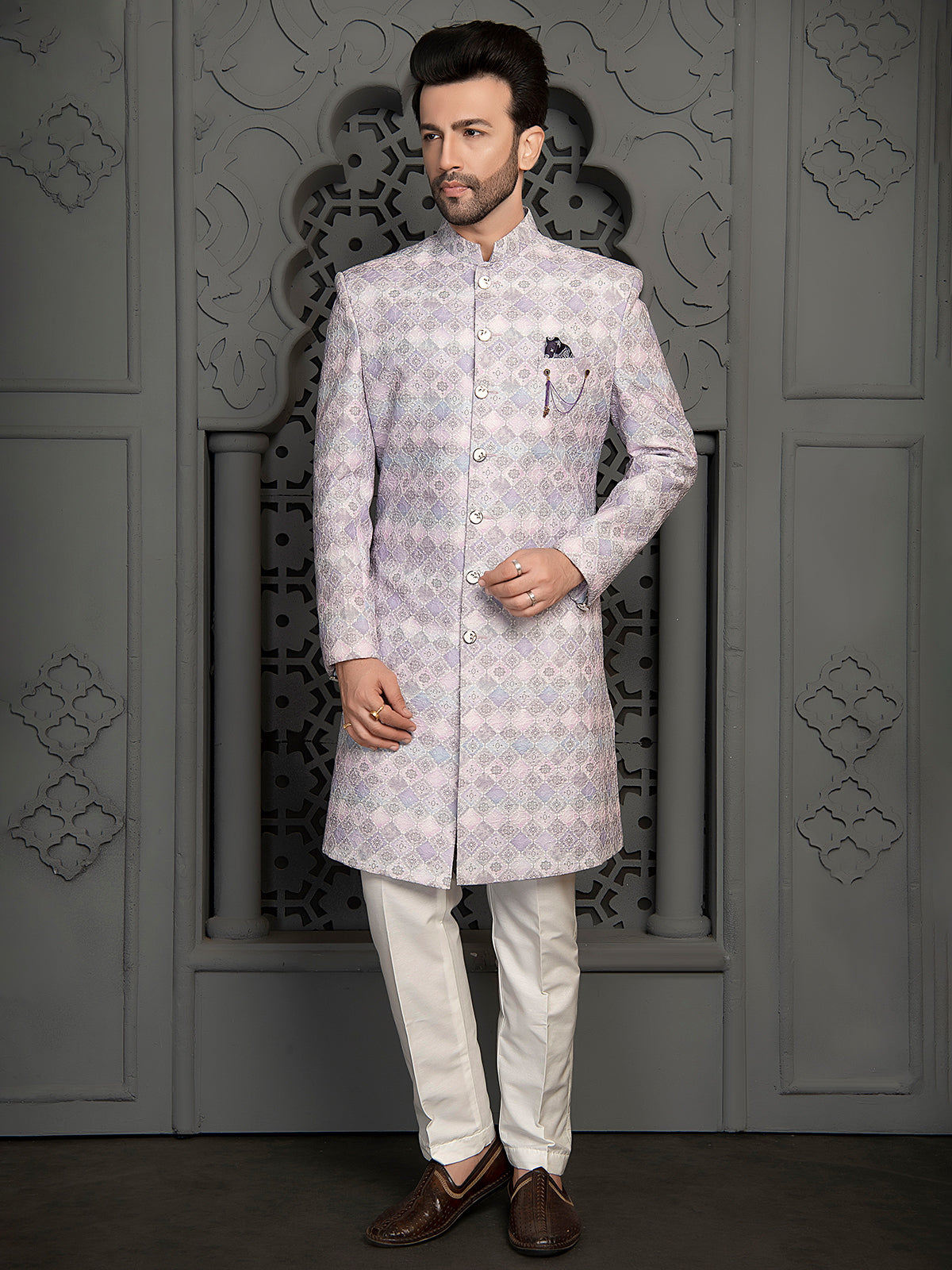 Luxurious Lilac purple silk indo western in resham work for men