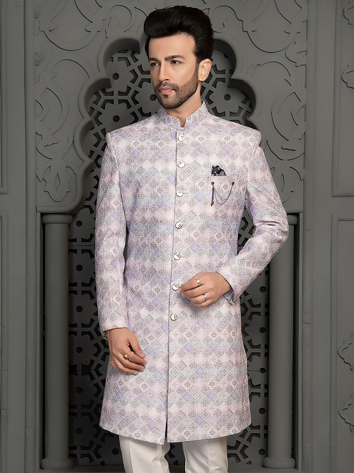 Luxurious Lilac purple silk indo western in resham work for men
