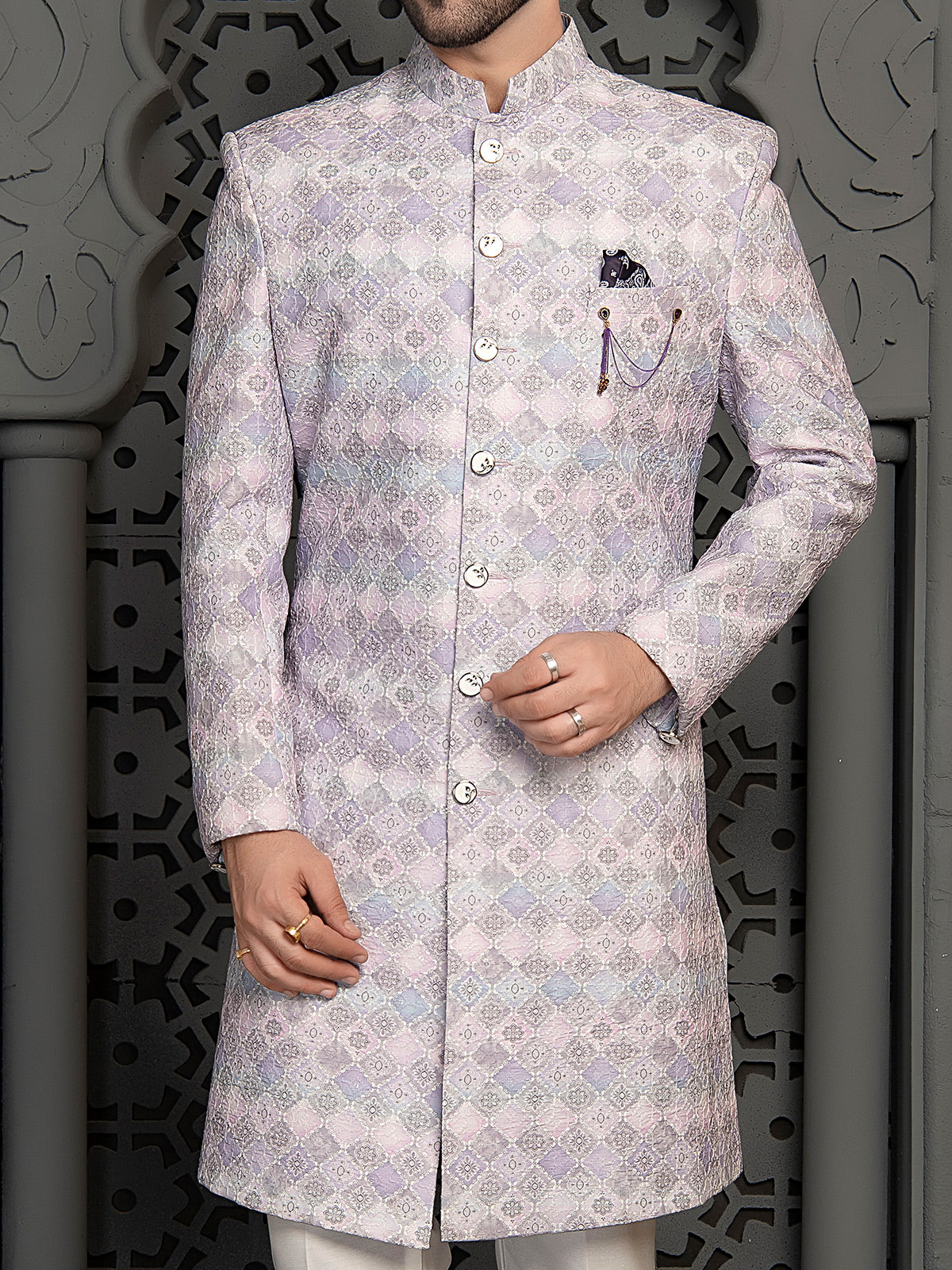 Luxurious Lilac purple silk indo western in resham work for men