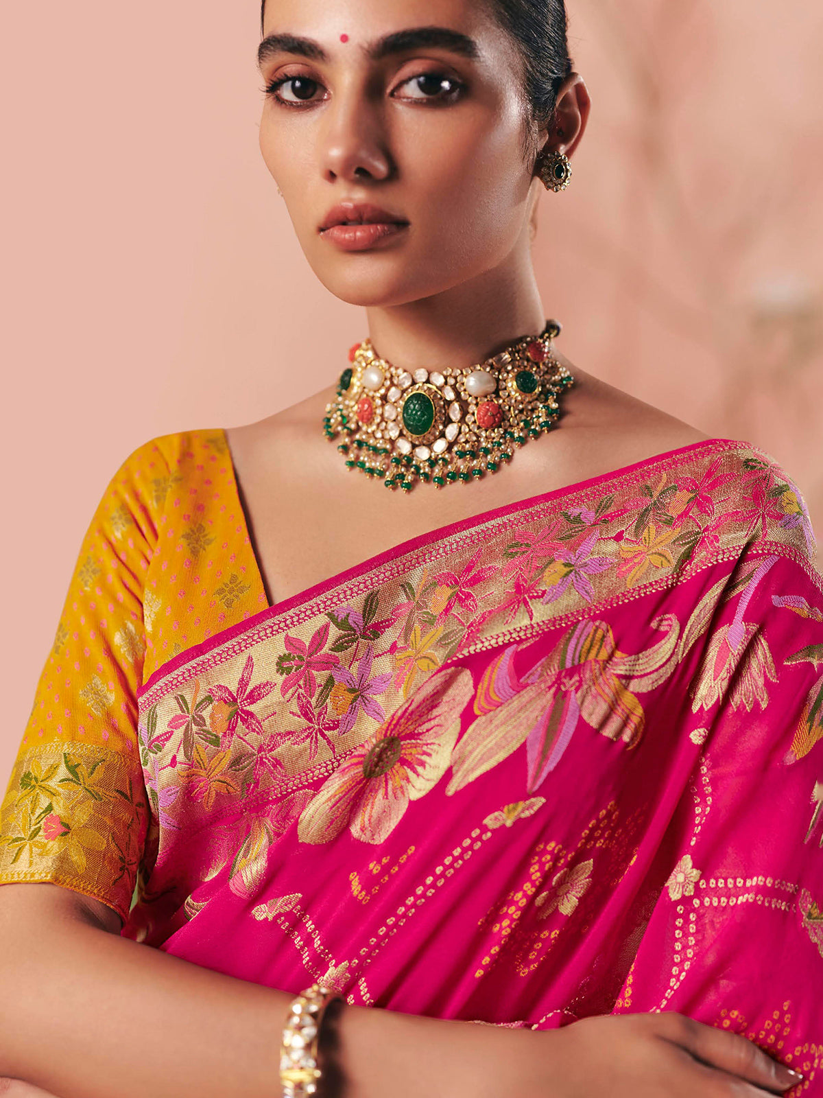 Magenta georgette bandhej zari woven designer saree