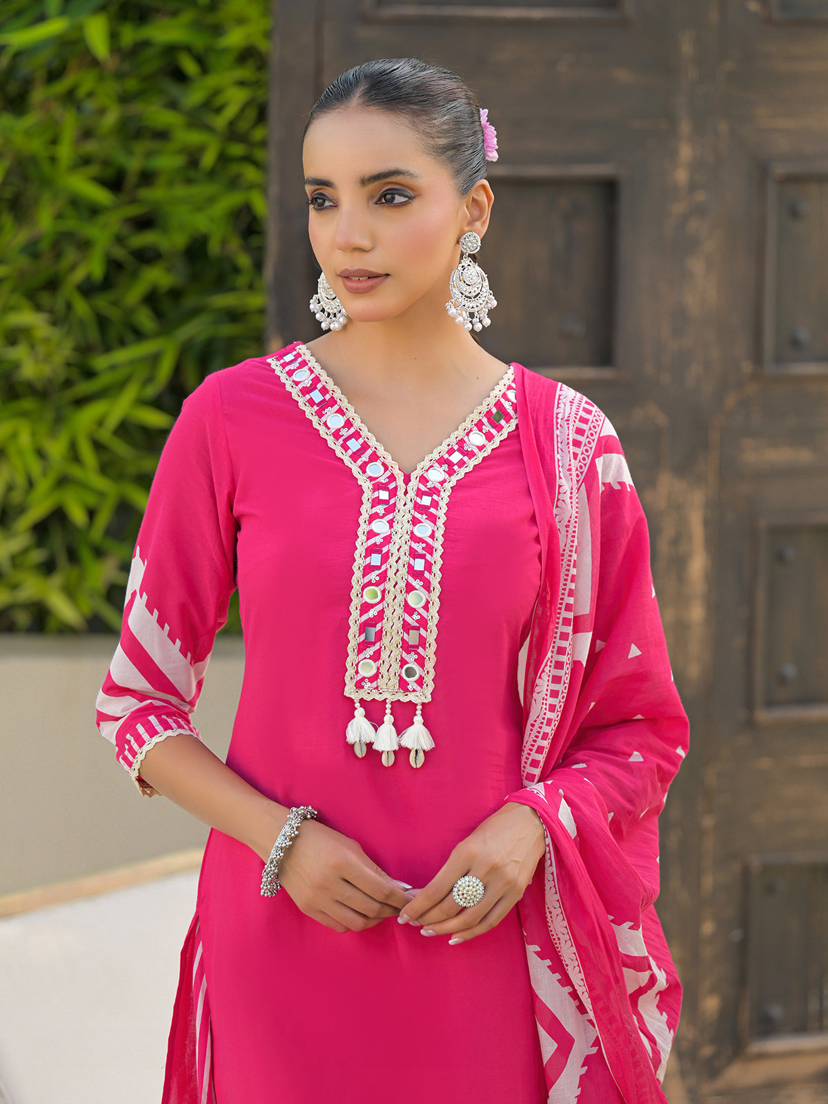 Magenta printed silk festive kurti set