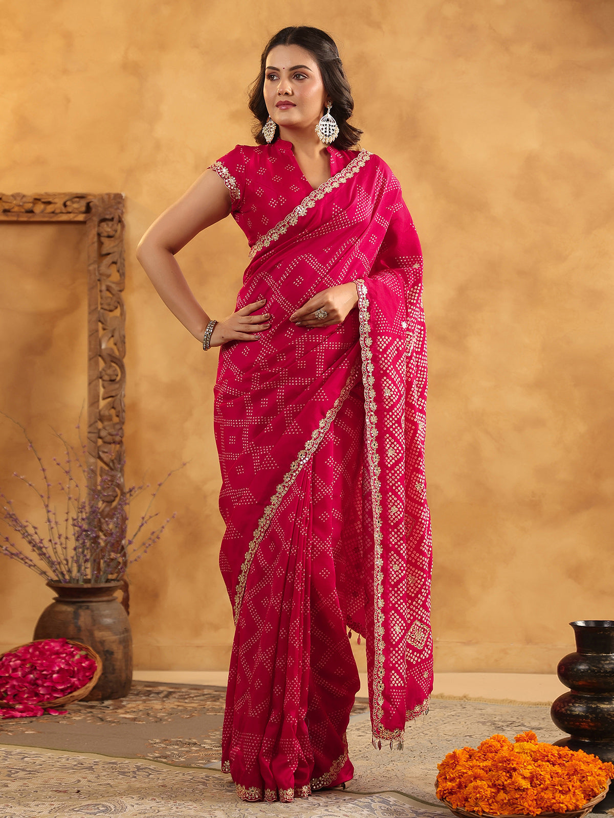 Magenta printed silk saree with resham detailing