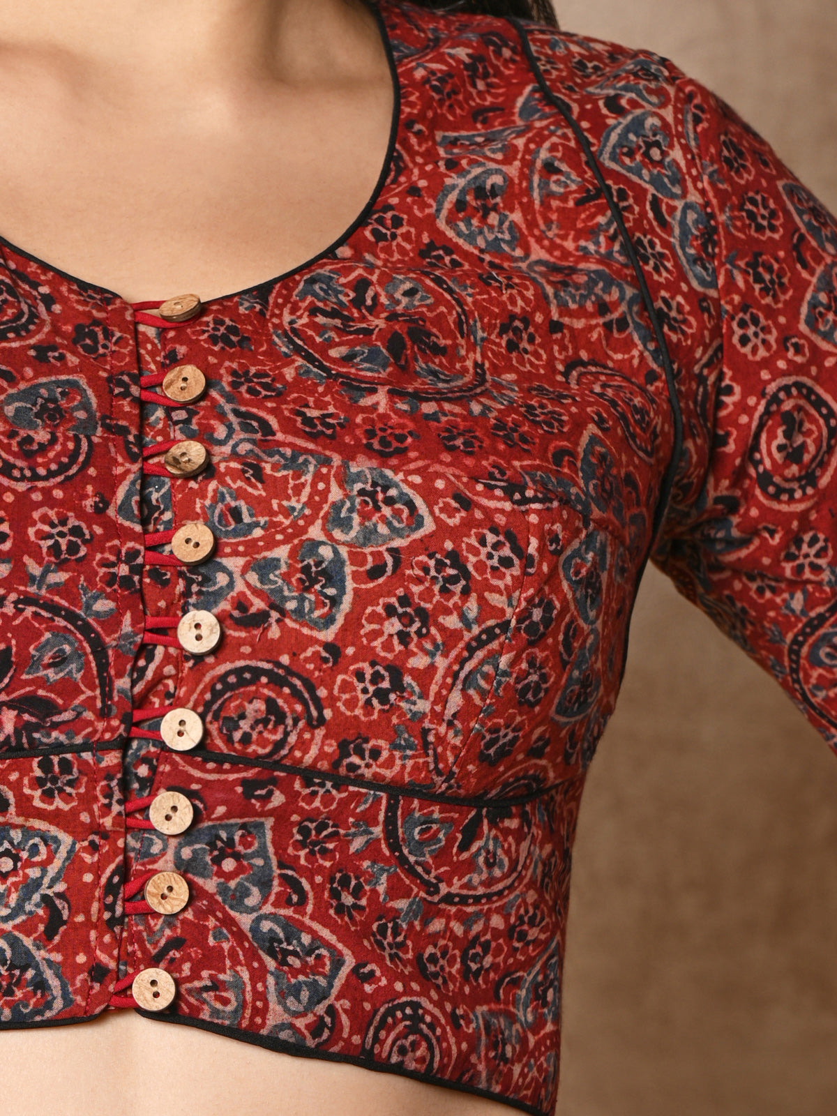 Maroon hand block printed ajrakh cotton ready made blouse