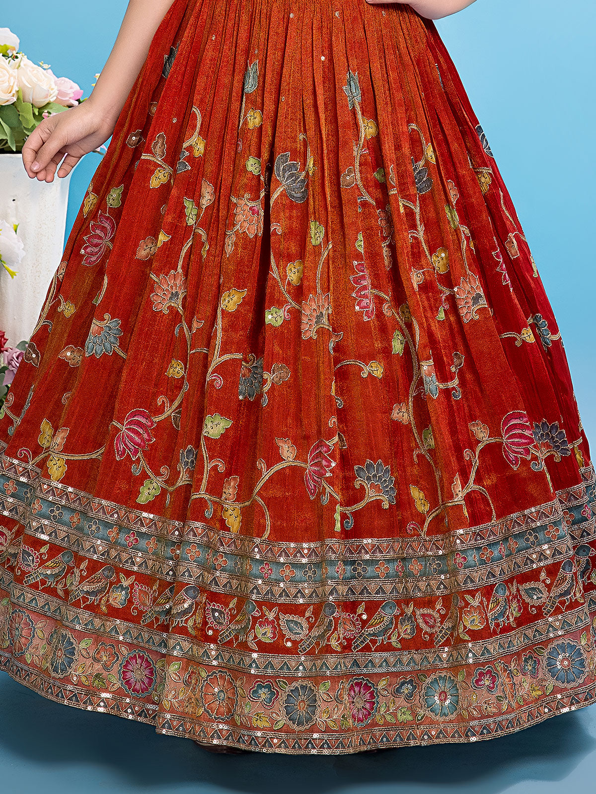 Maroon printed silk lehenga choli for girls