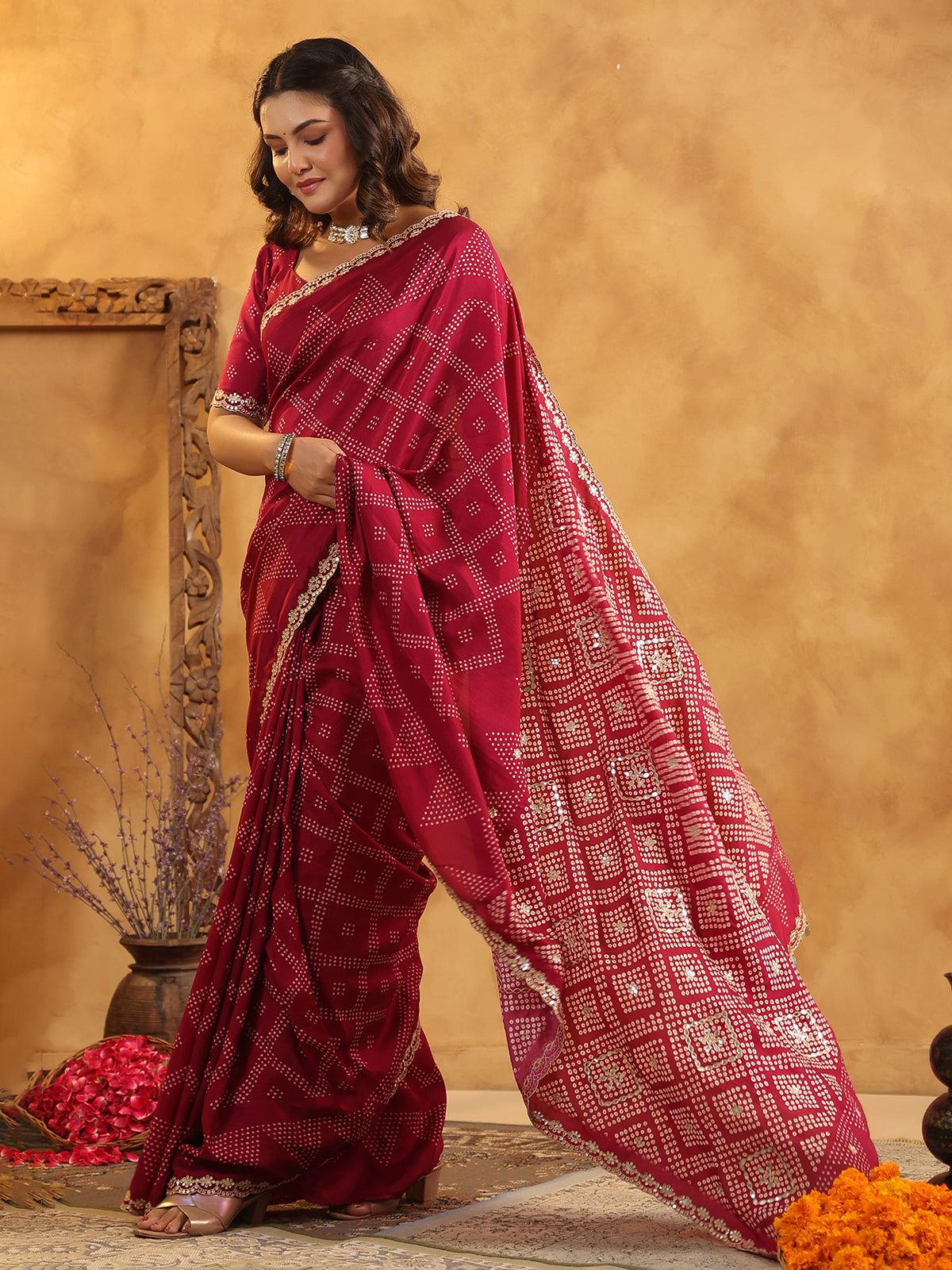 Maroon printed silk saree with aabla and gota accents