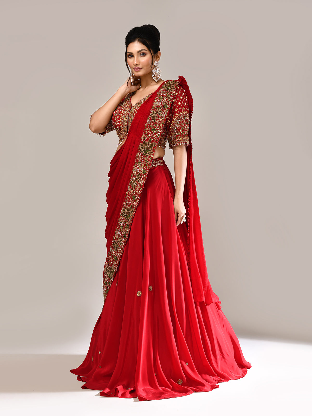 Maroon silk lehenga choli with attached dupatta