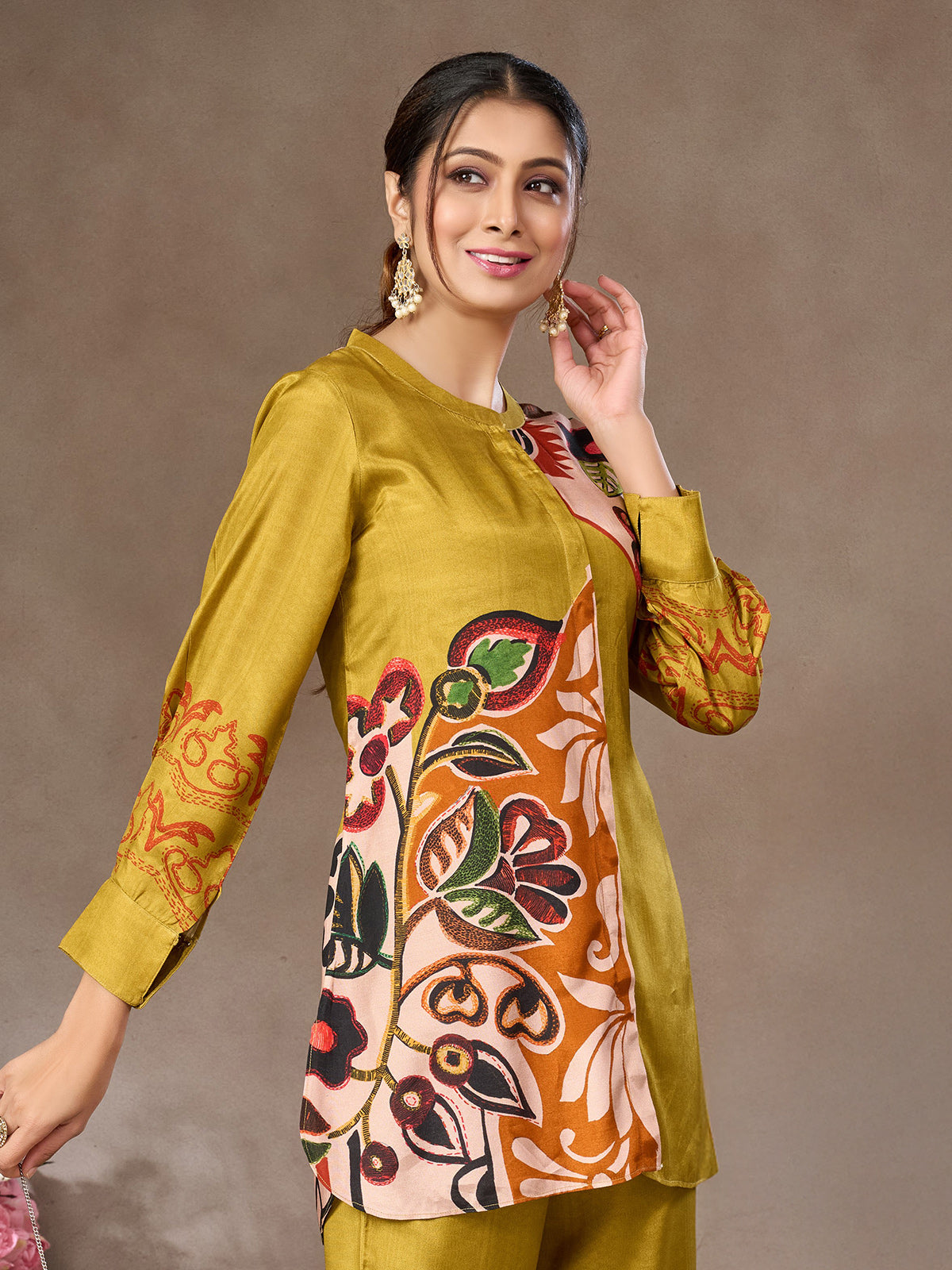 Mehendi green floral printed crepe silk co-ord set