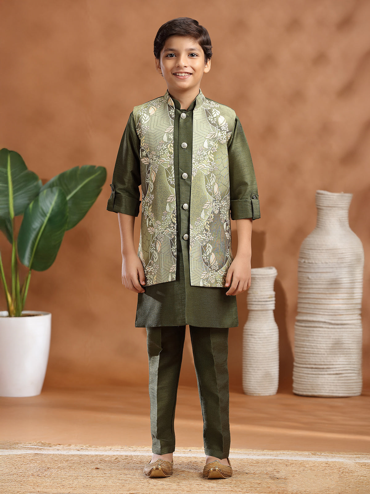 Mehendi green raw silk printed waistcoat set for boys