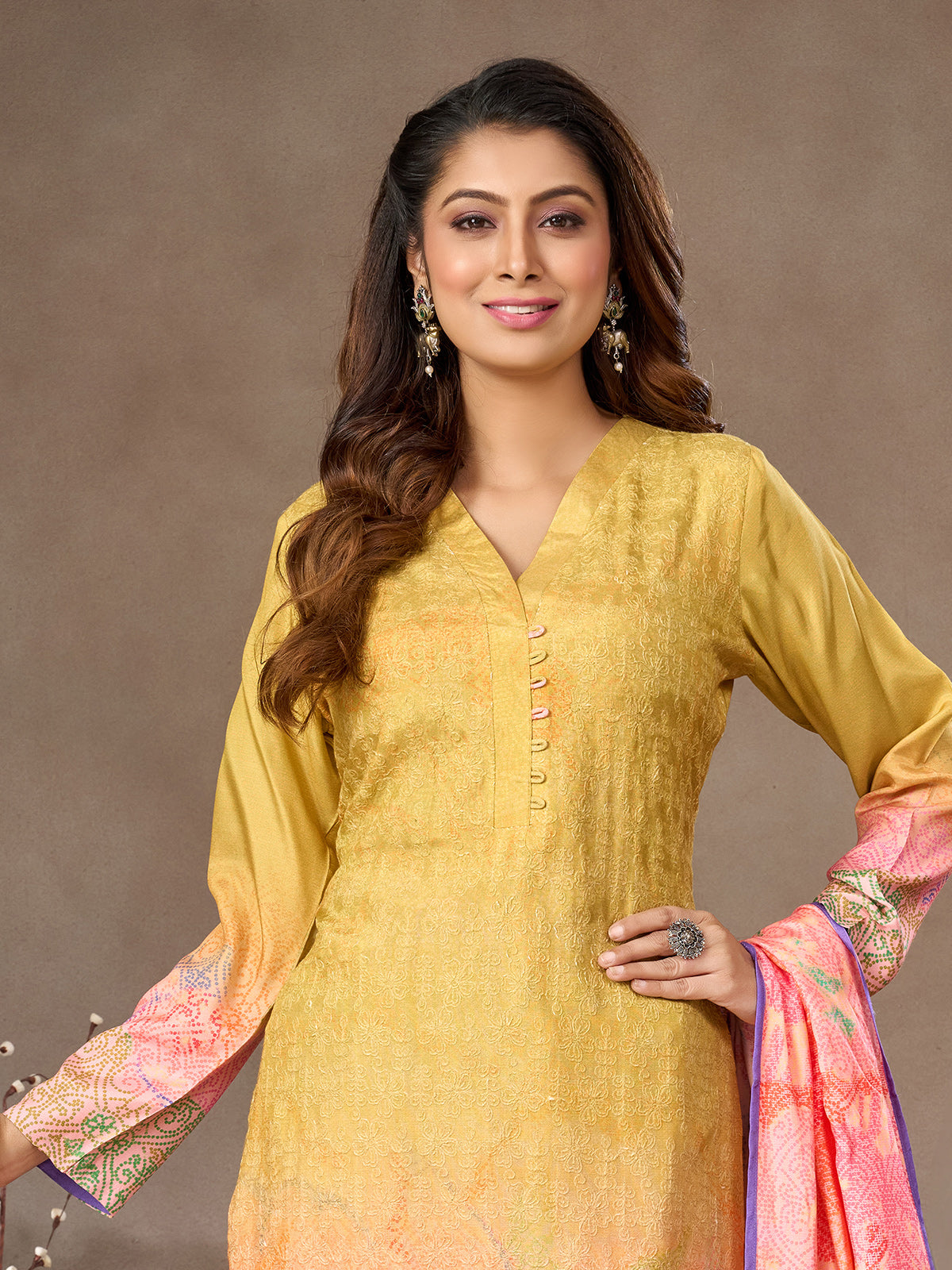 Mehendi yellow cotton silk salwar suit with v neckline