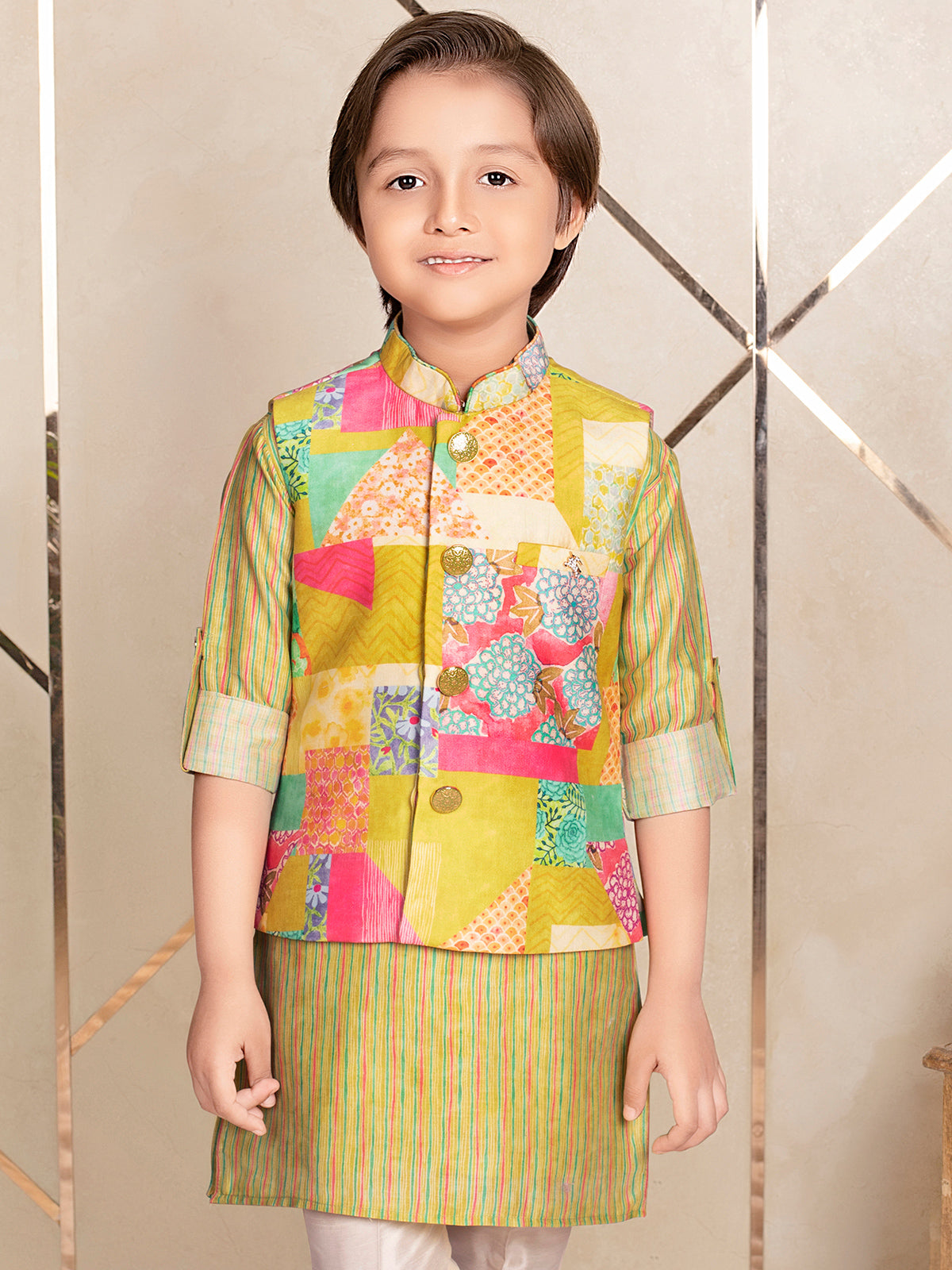 Mehndi green festive wear silk waistcoat set for boys