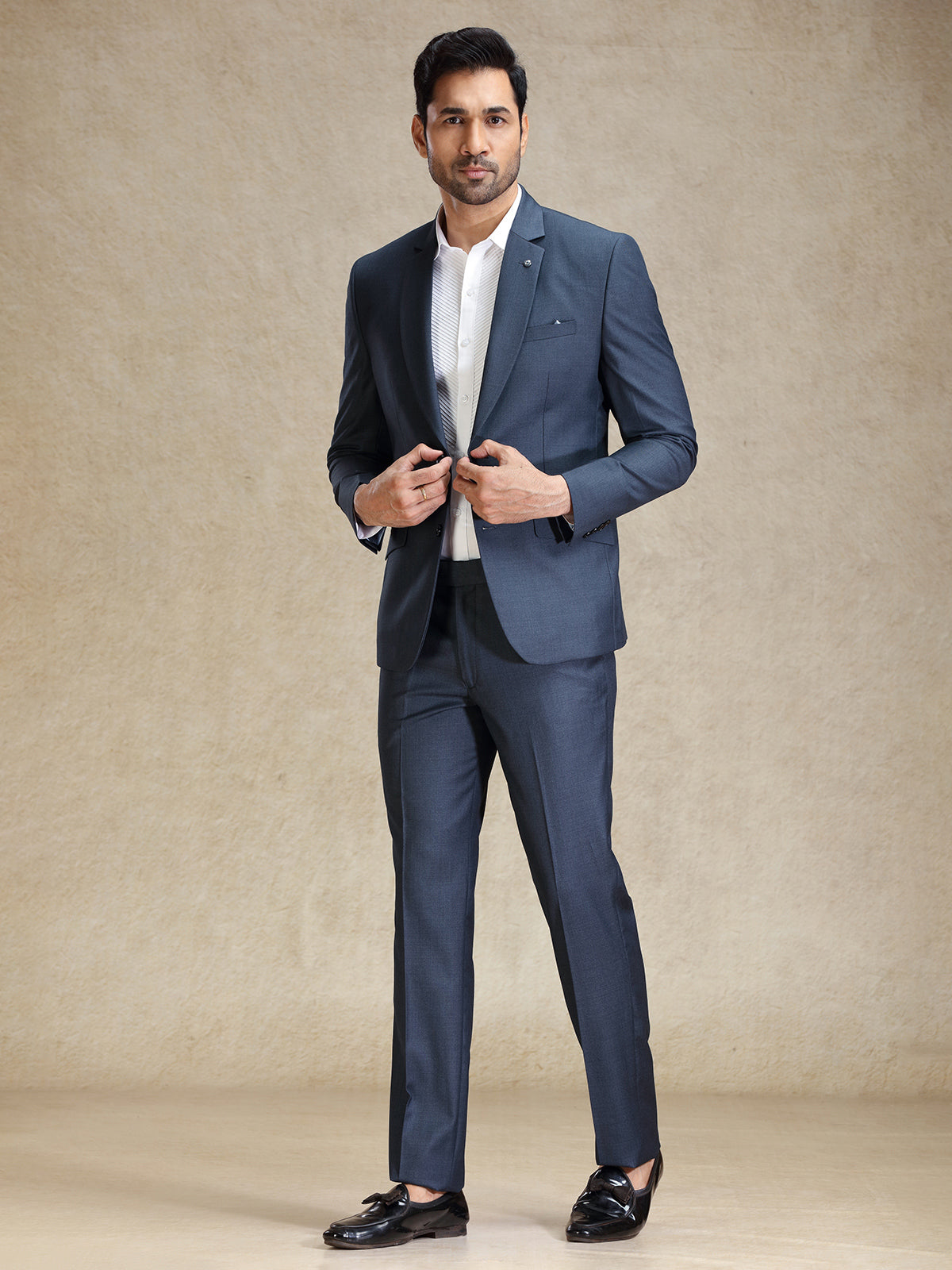 Metalic blue terry rayon blazer and pant set