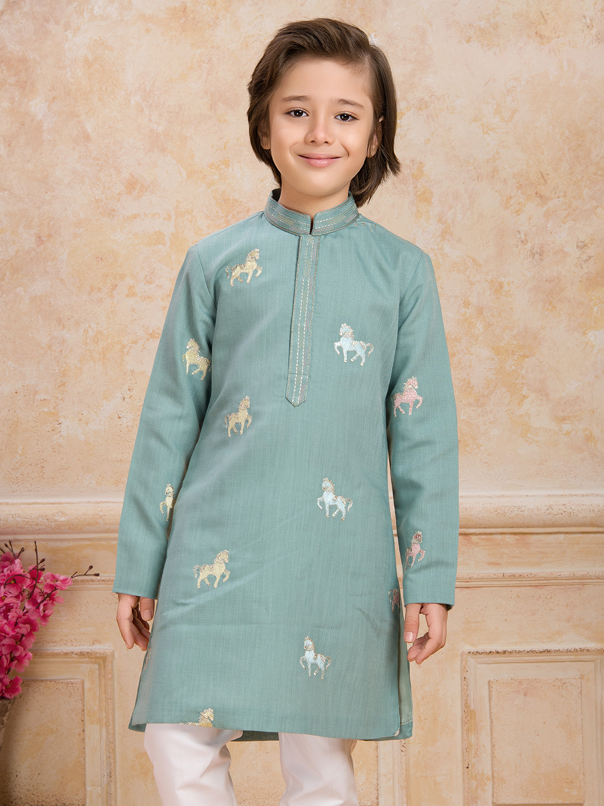 Mint blue cotton festive wear kurta suit for boys