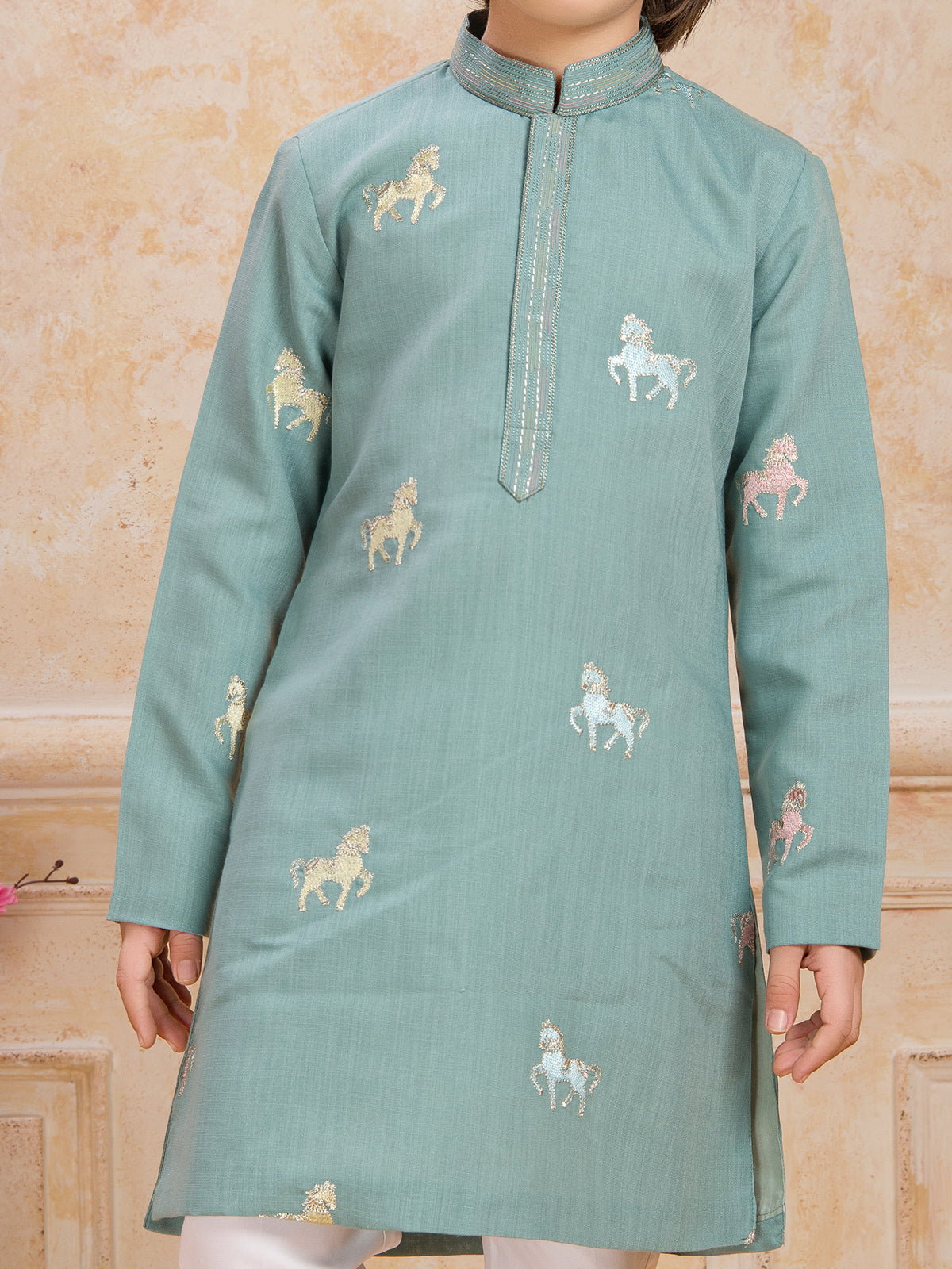 Mint blue cotton festive wear kurta suit for boys