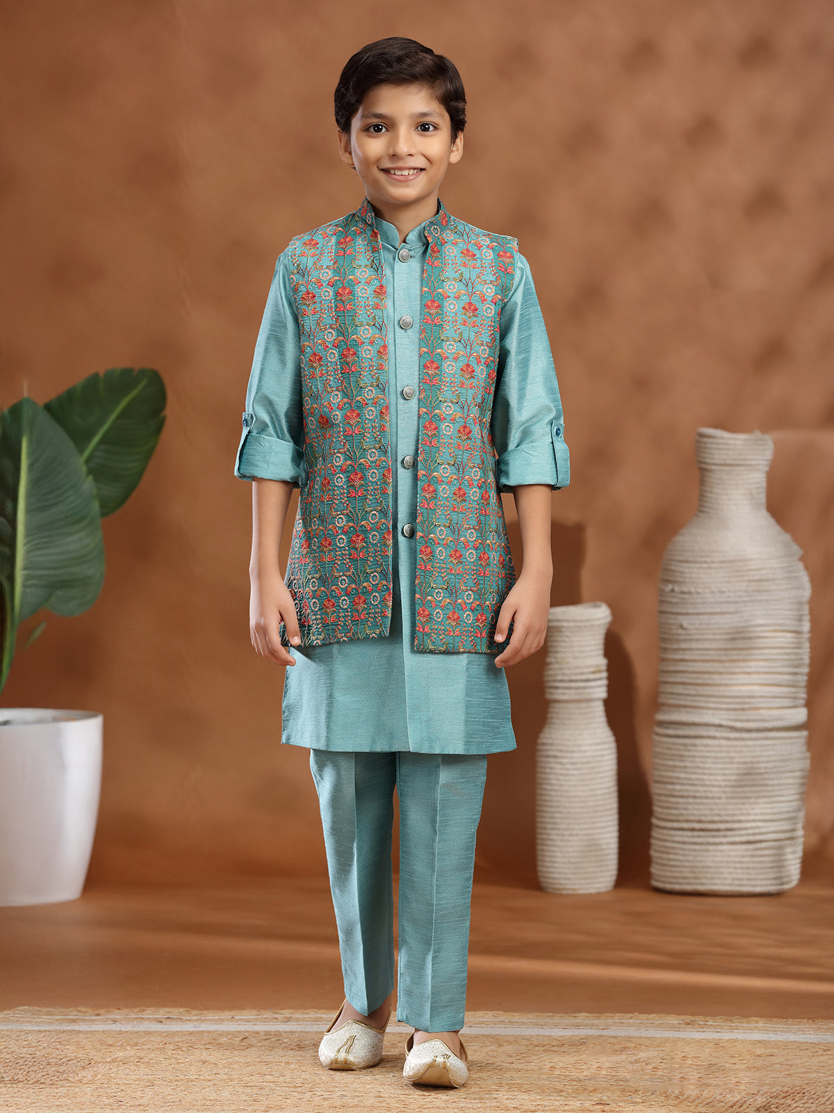 Mint blue raw silk wedding wear waistcoat set