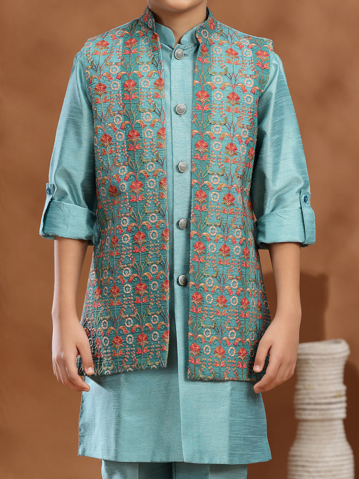 Mint blue raw silk wedding wear waistcoat set