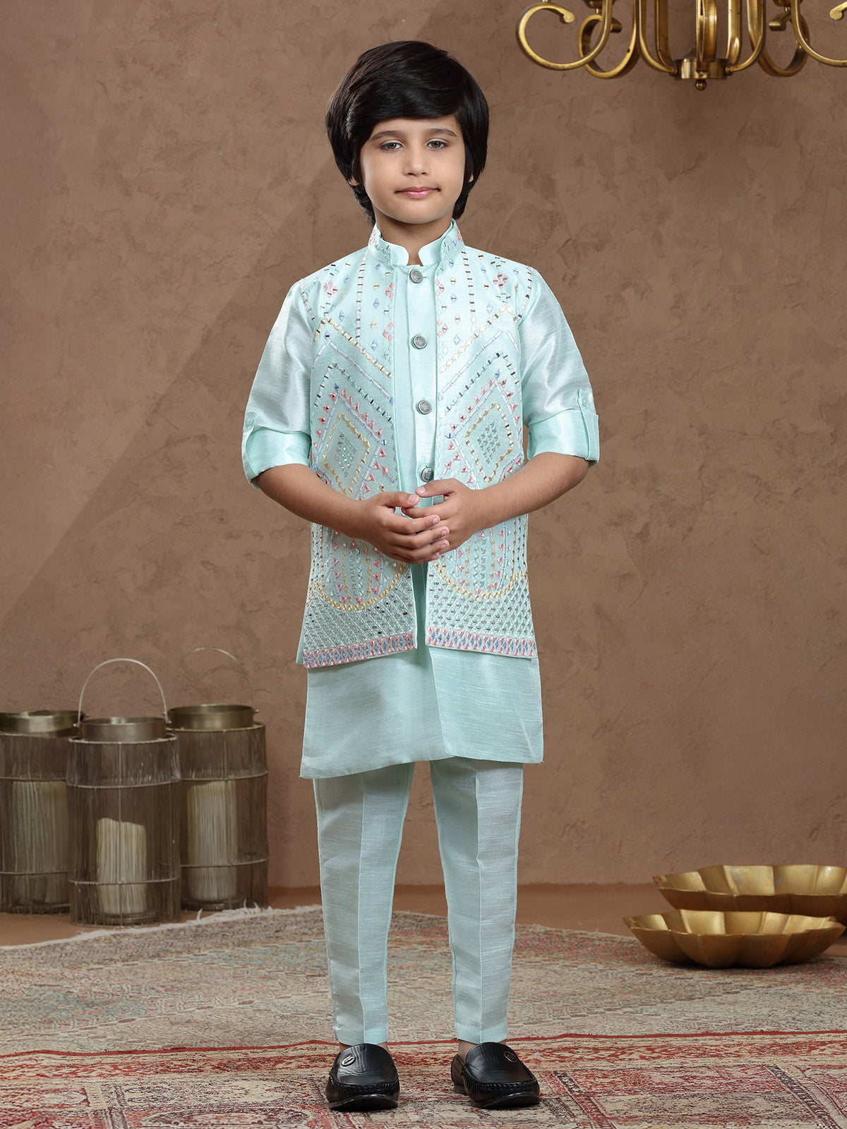 Mint blue silk waistcoat set for wedding wear