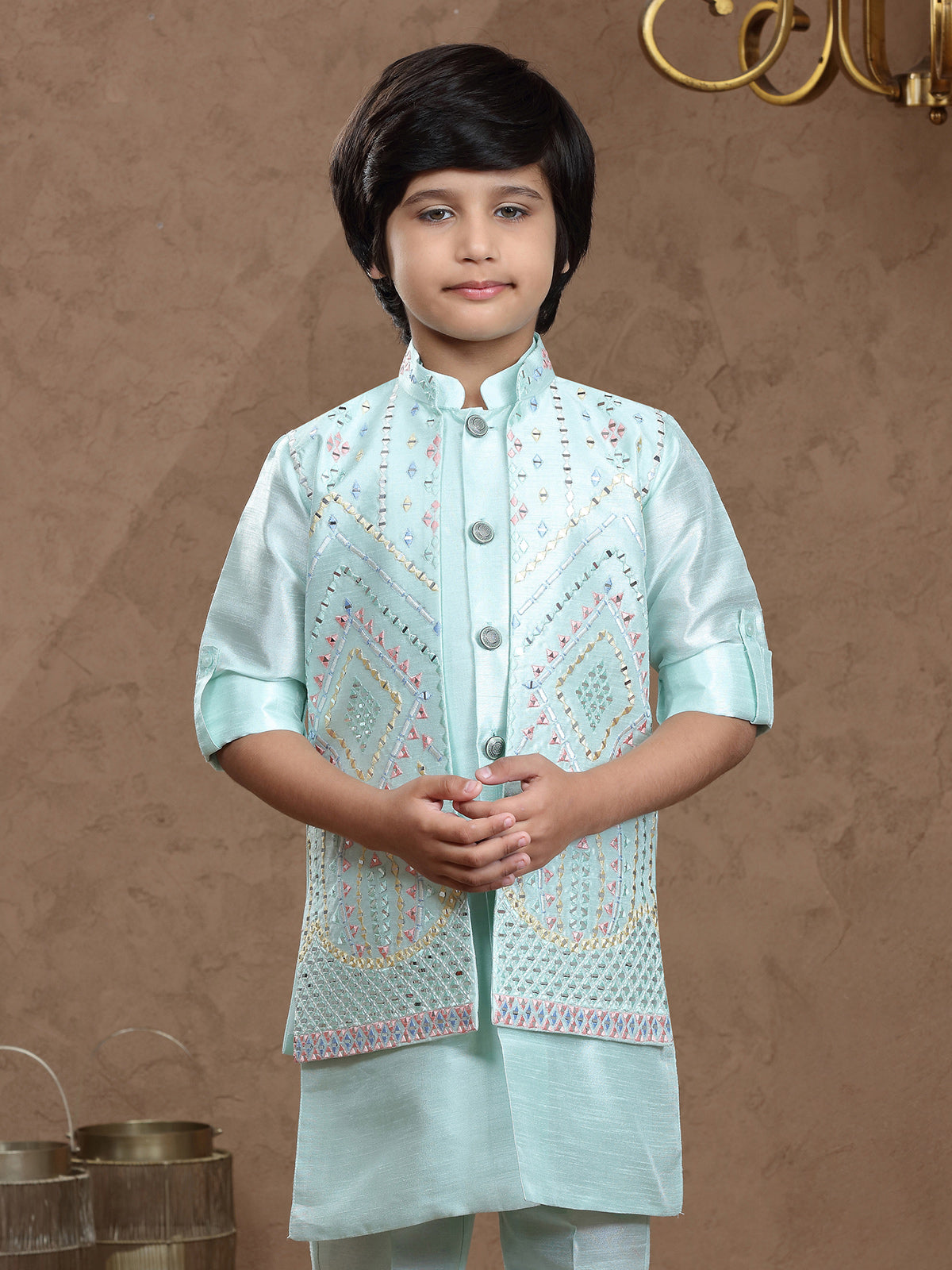 Mint blue silk waistcoat set for wedding wear