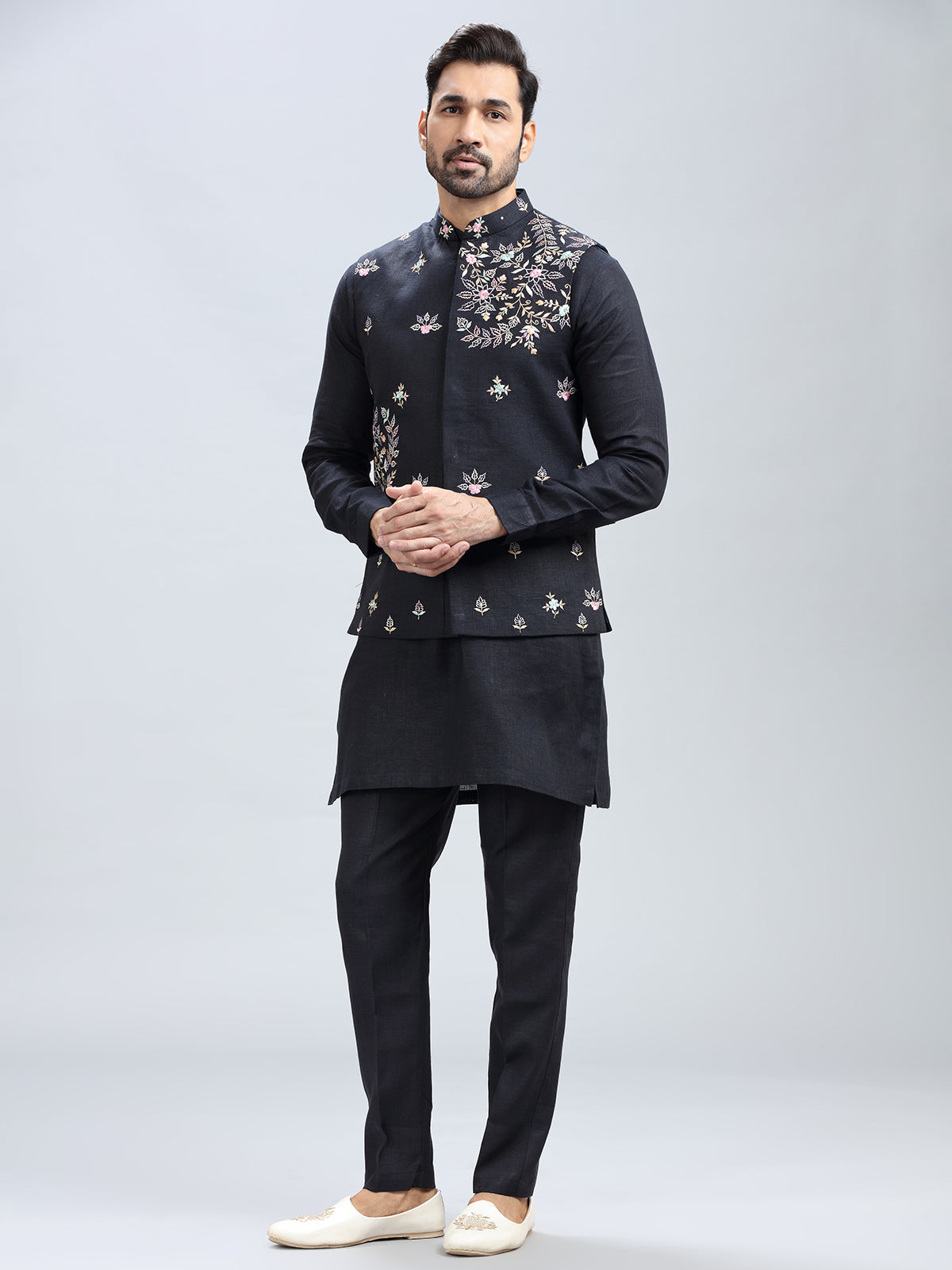 Modern black printed cotton waistcoat set for men