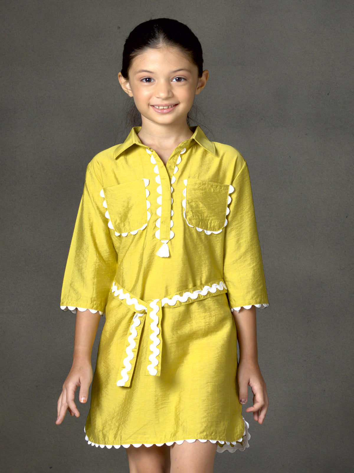 Mustard cotton silk mini dress with designer belt