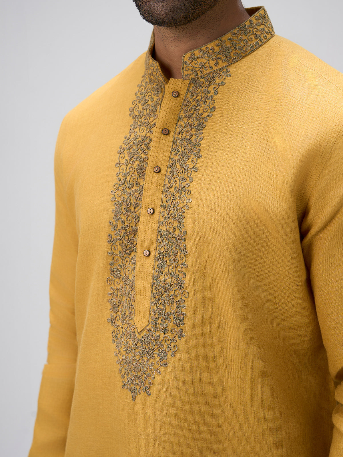 Mustard crafted thread kurta suit men