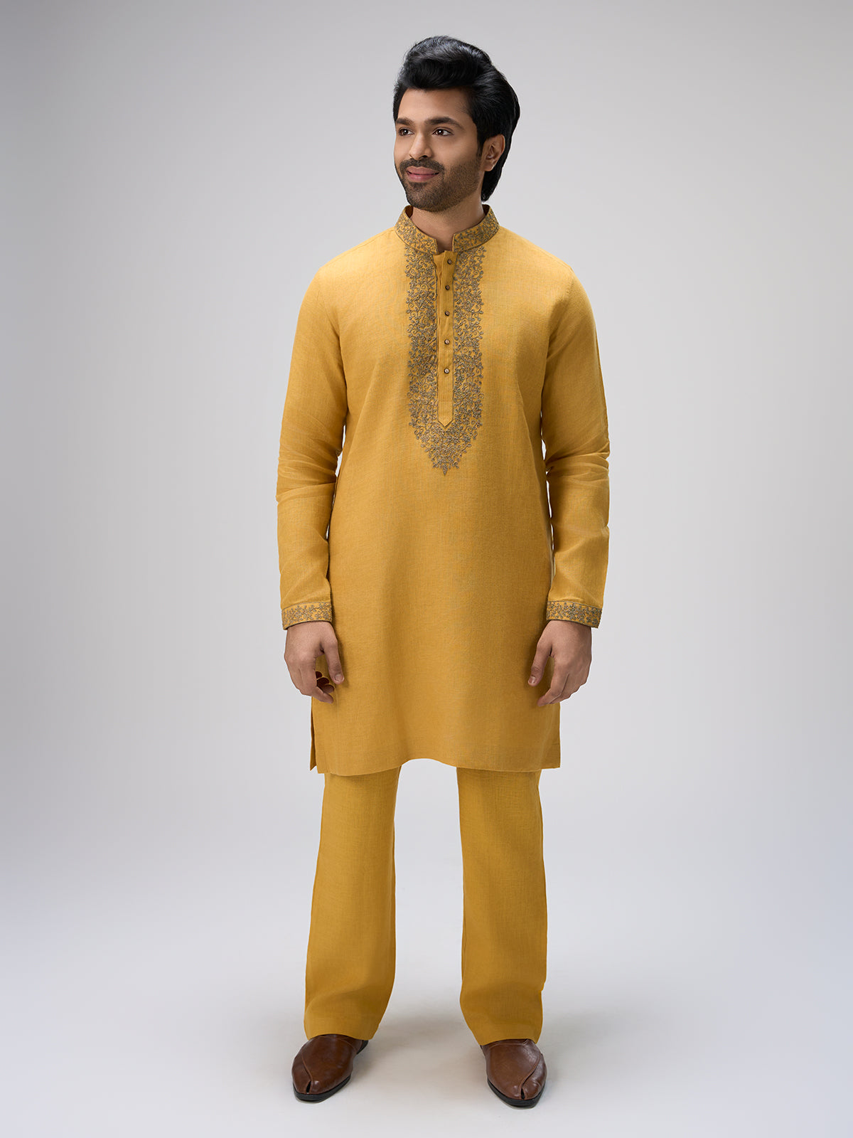 Mustard crafted thread kurta suit men