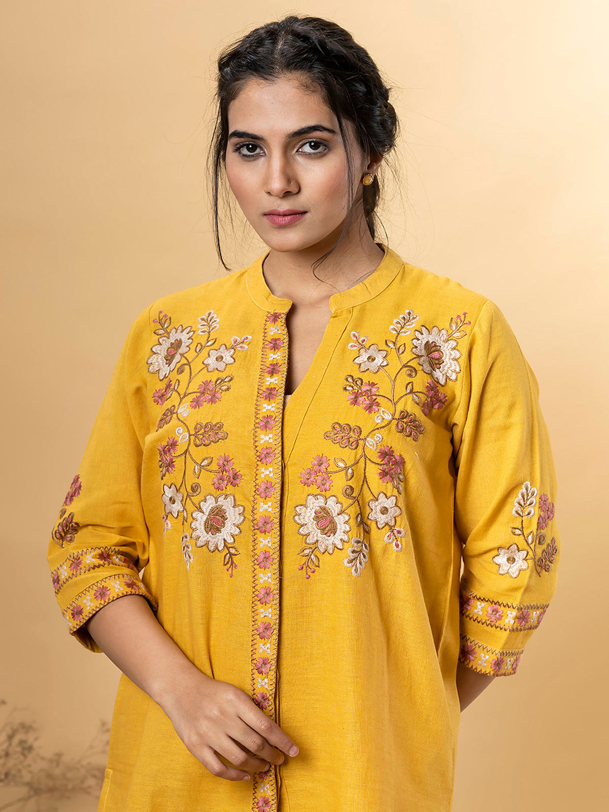 Mustard yellow cotton silk embroidered co ord set