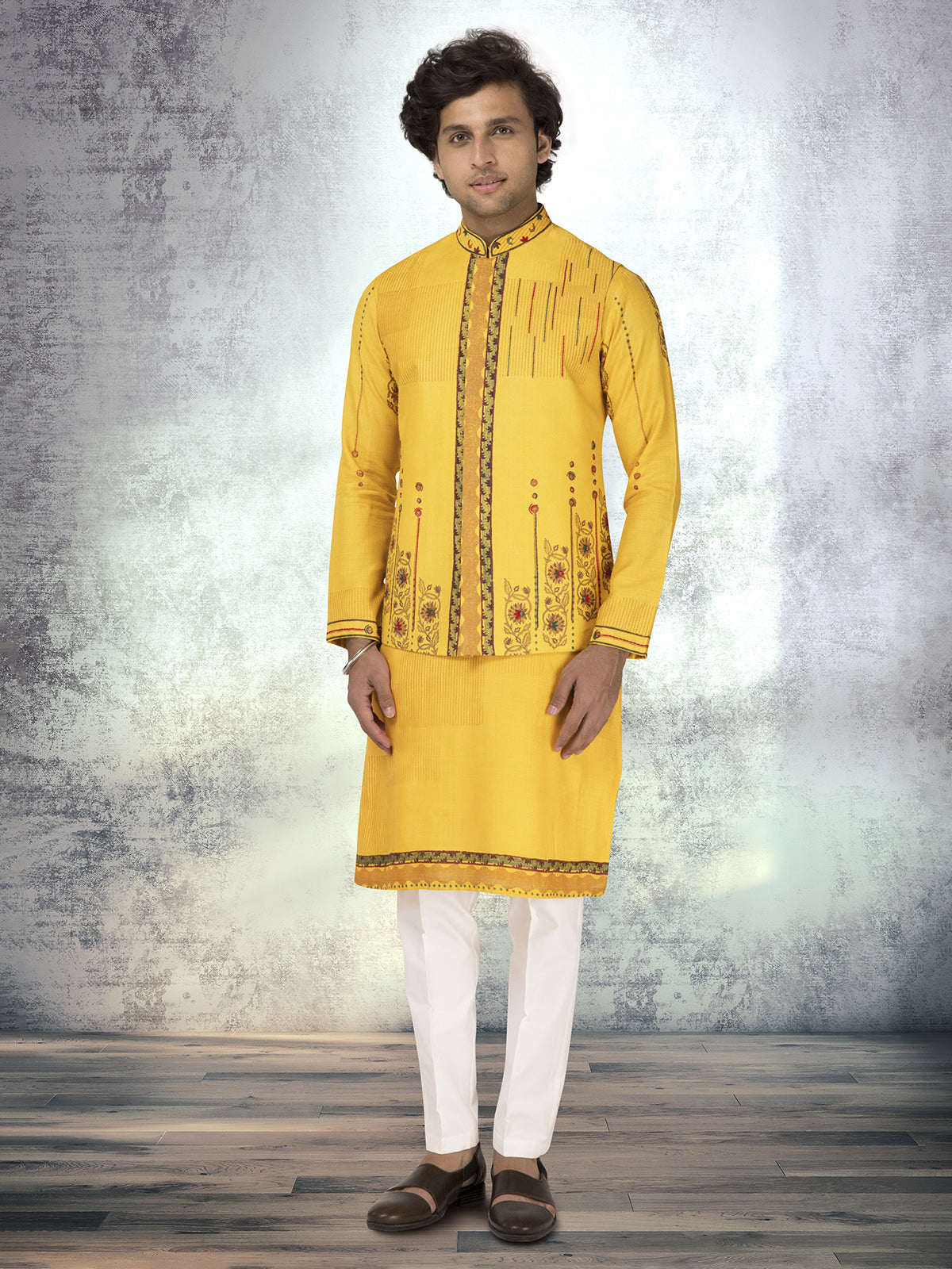 Mustard yellow pure munga silk block printed waistcoat set