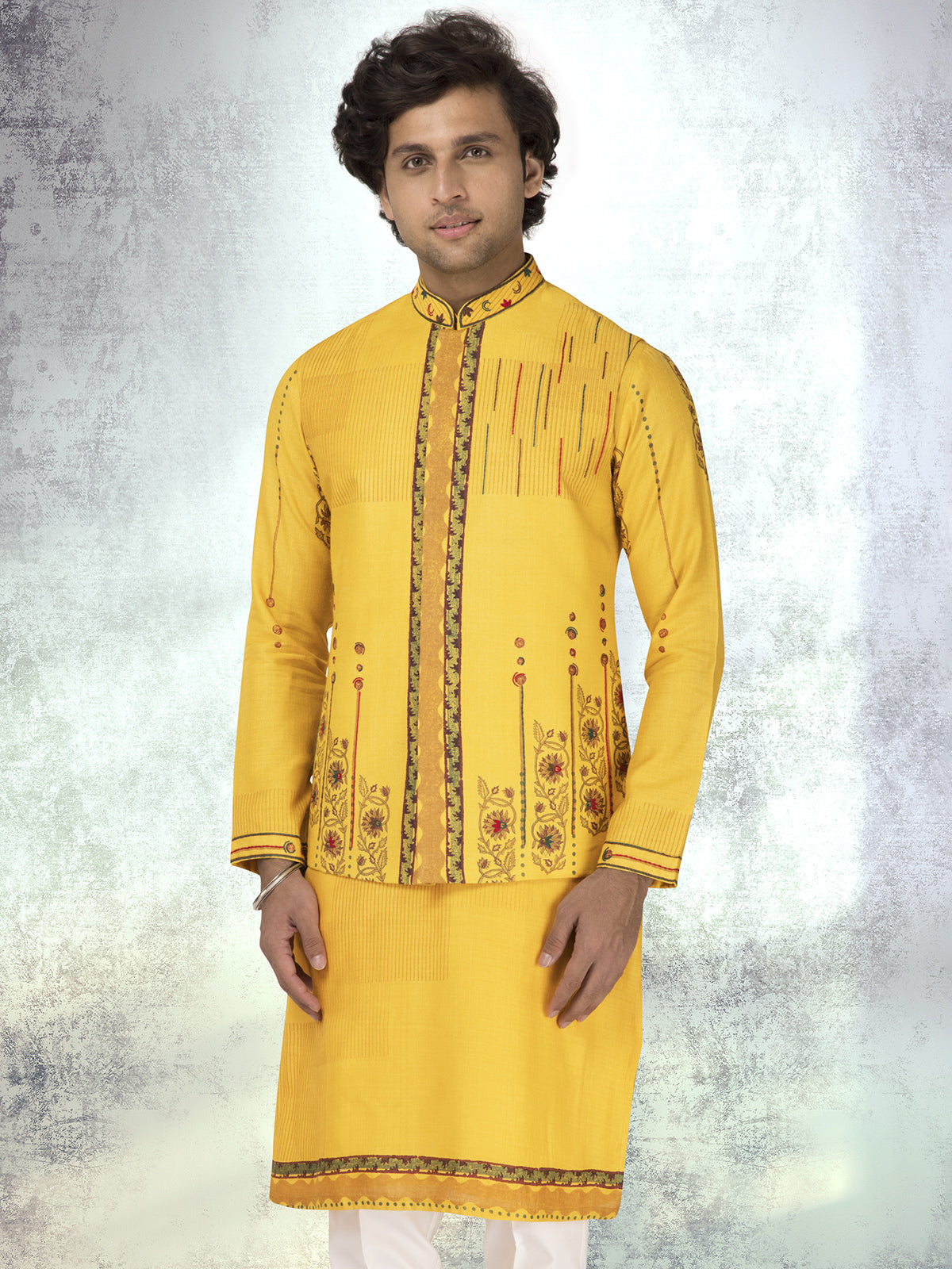 Mustard yellow pure munga silk block printed waistcoat set