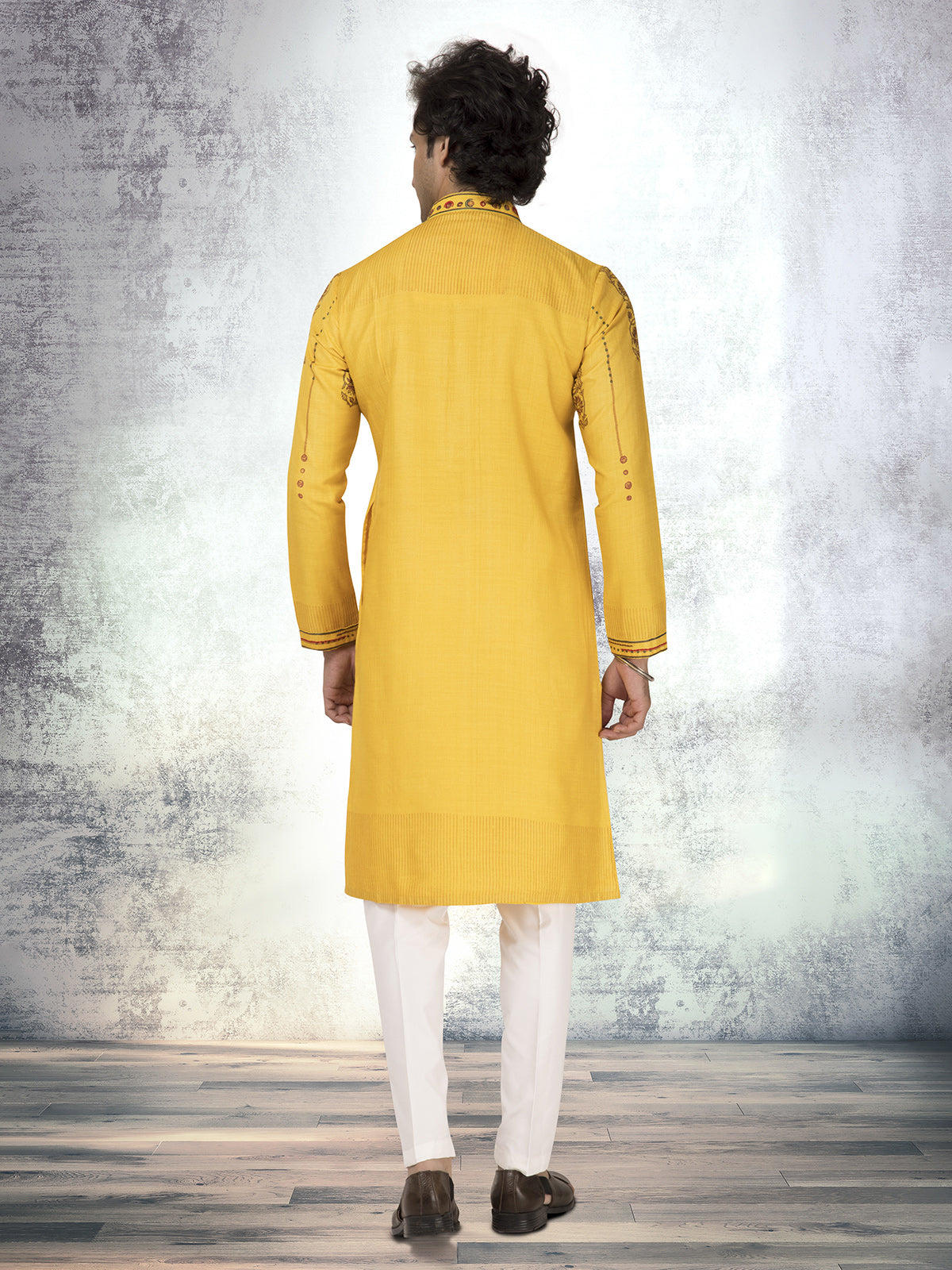Mustard yellow pure munga silk block printed waistcoat set