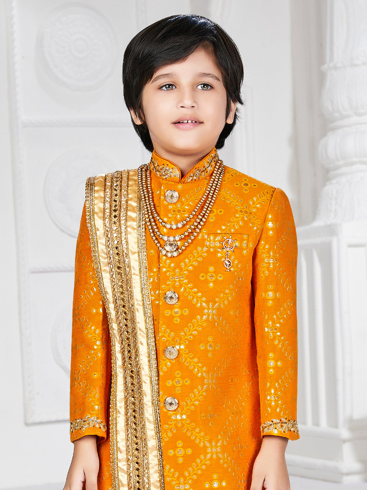 Mustard yellow silk embroidery indowestern