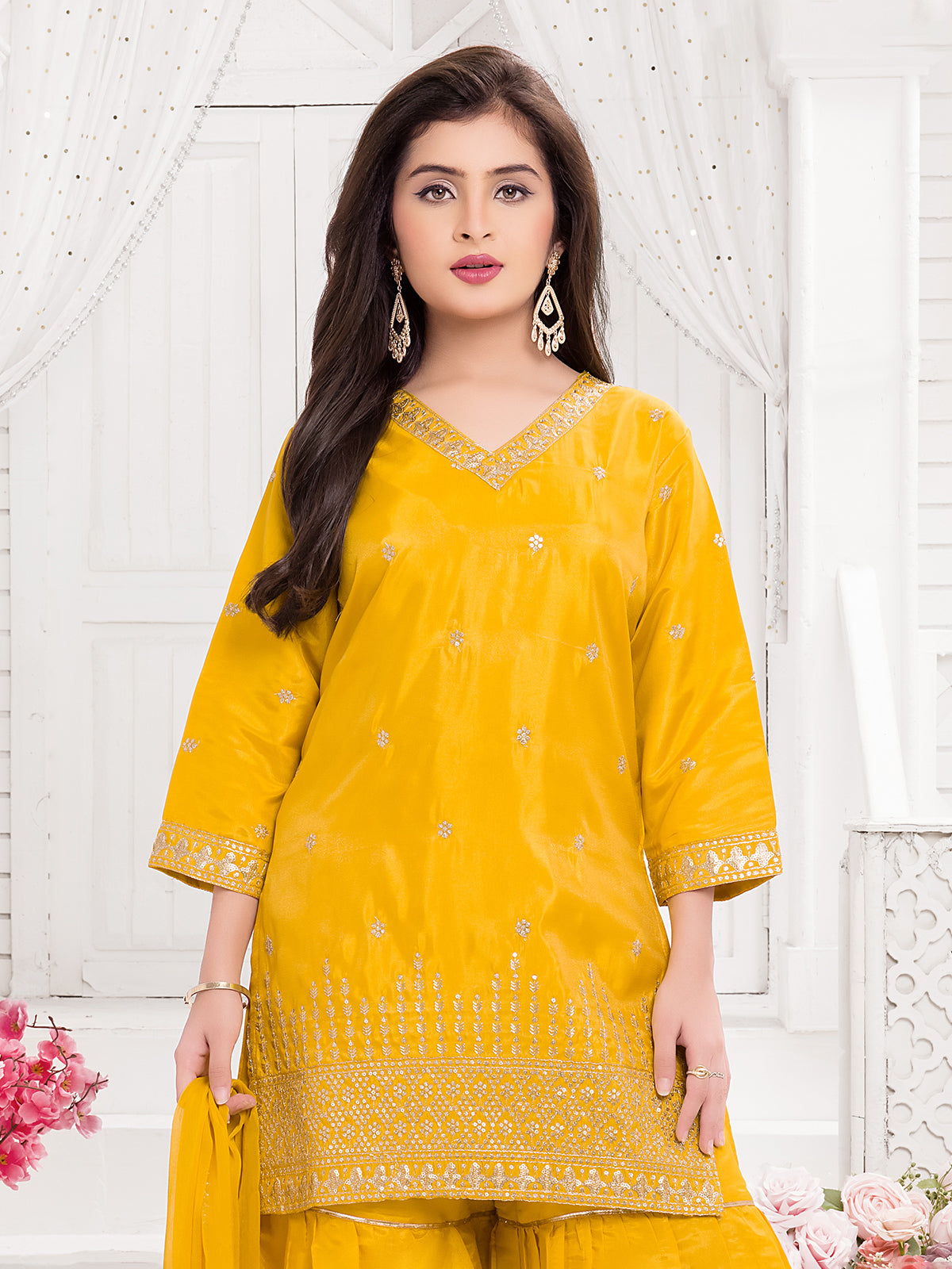 Mustard yellow silk pakistani style sharara suit with dupatta