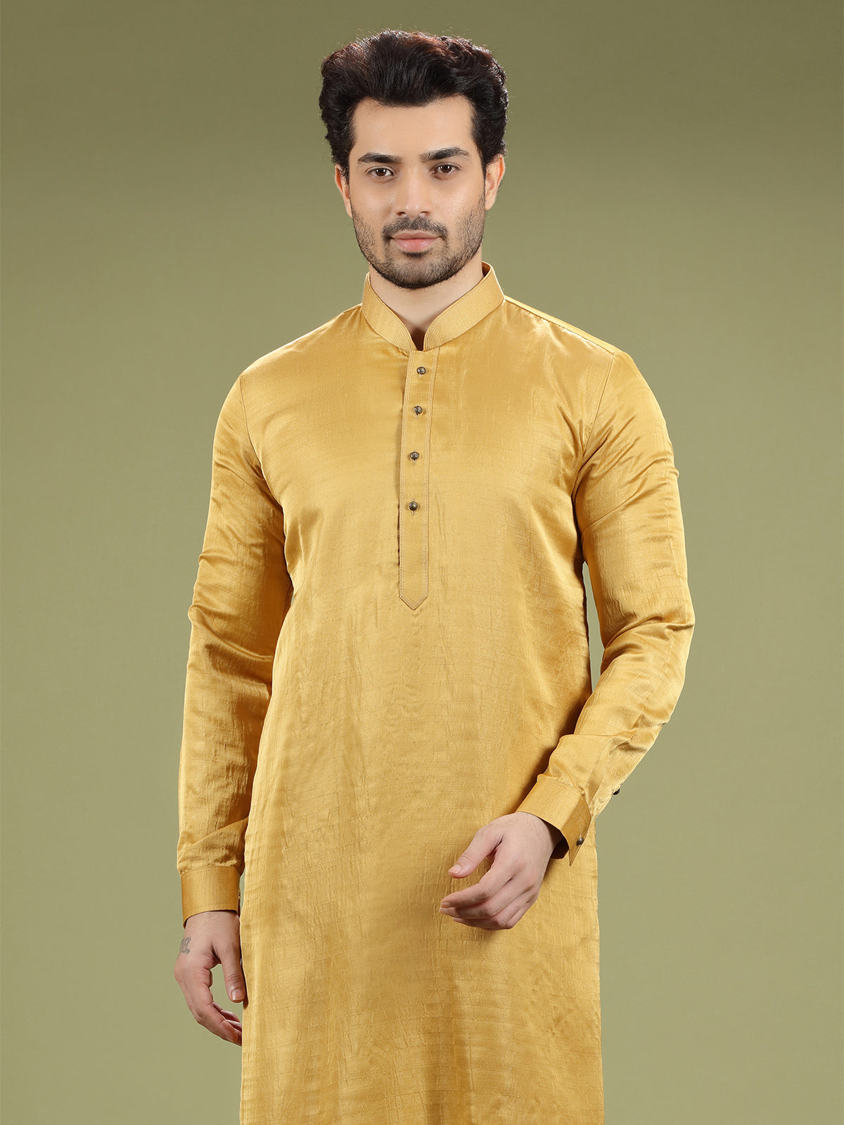 Mustard yellow silk plain kurta suit