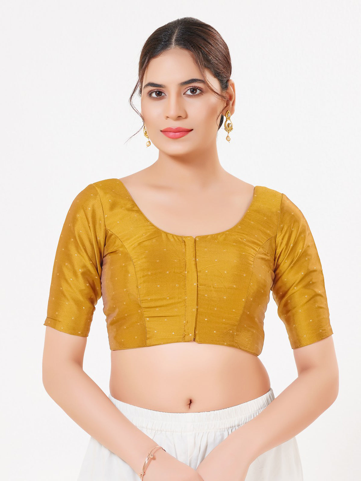 Mustard yellow tafeta silk zari open blouse
