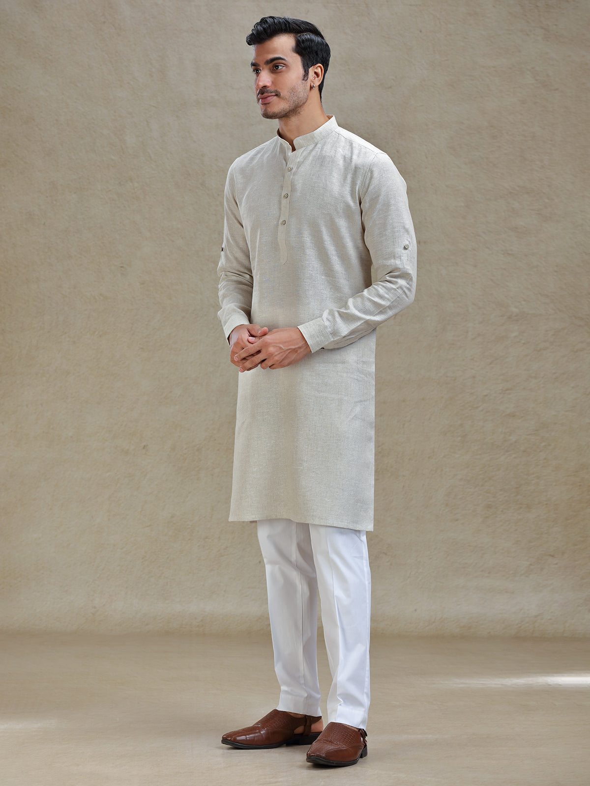 Natural beige linen kurta suit for festive