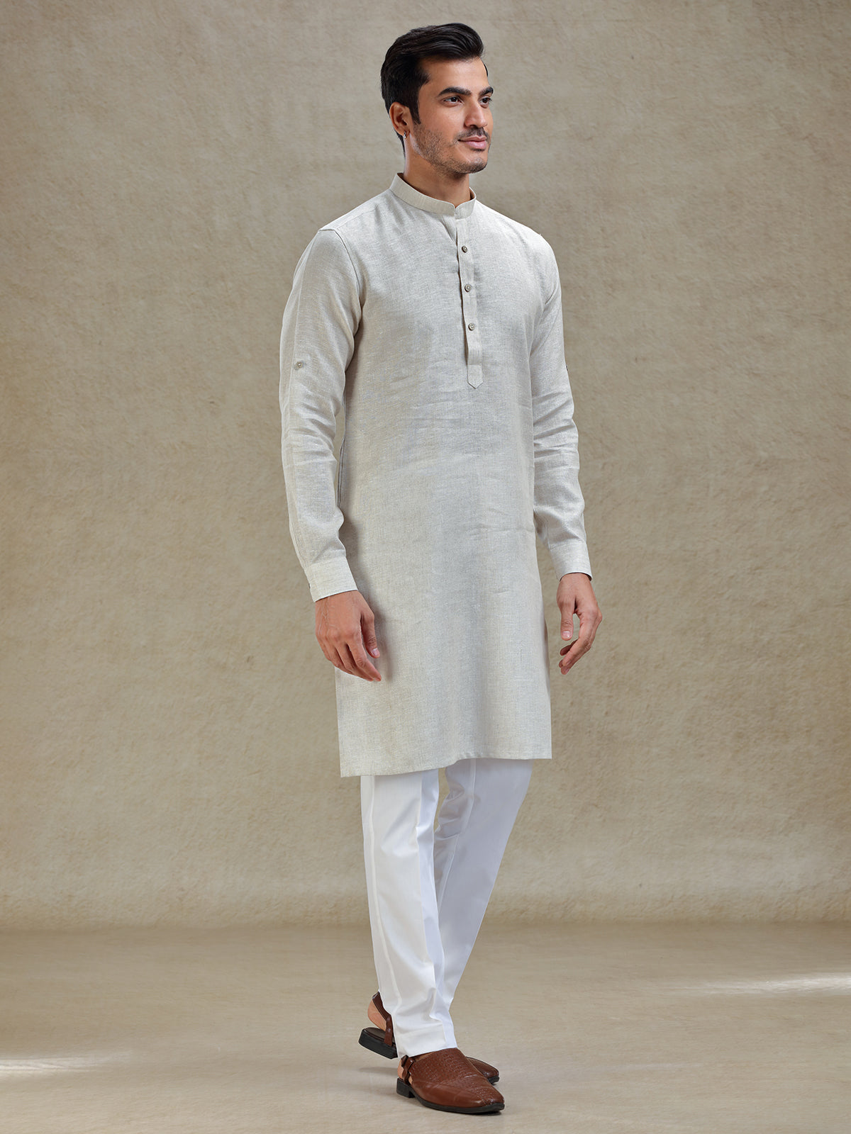 Natural beige linen kurta suit for festive