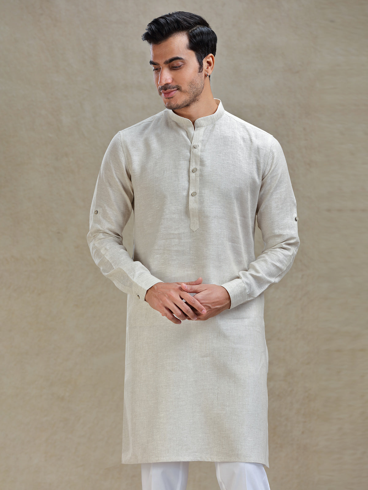 Natural beige linen kurta suit for festive