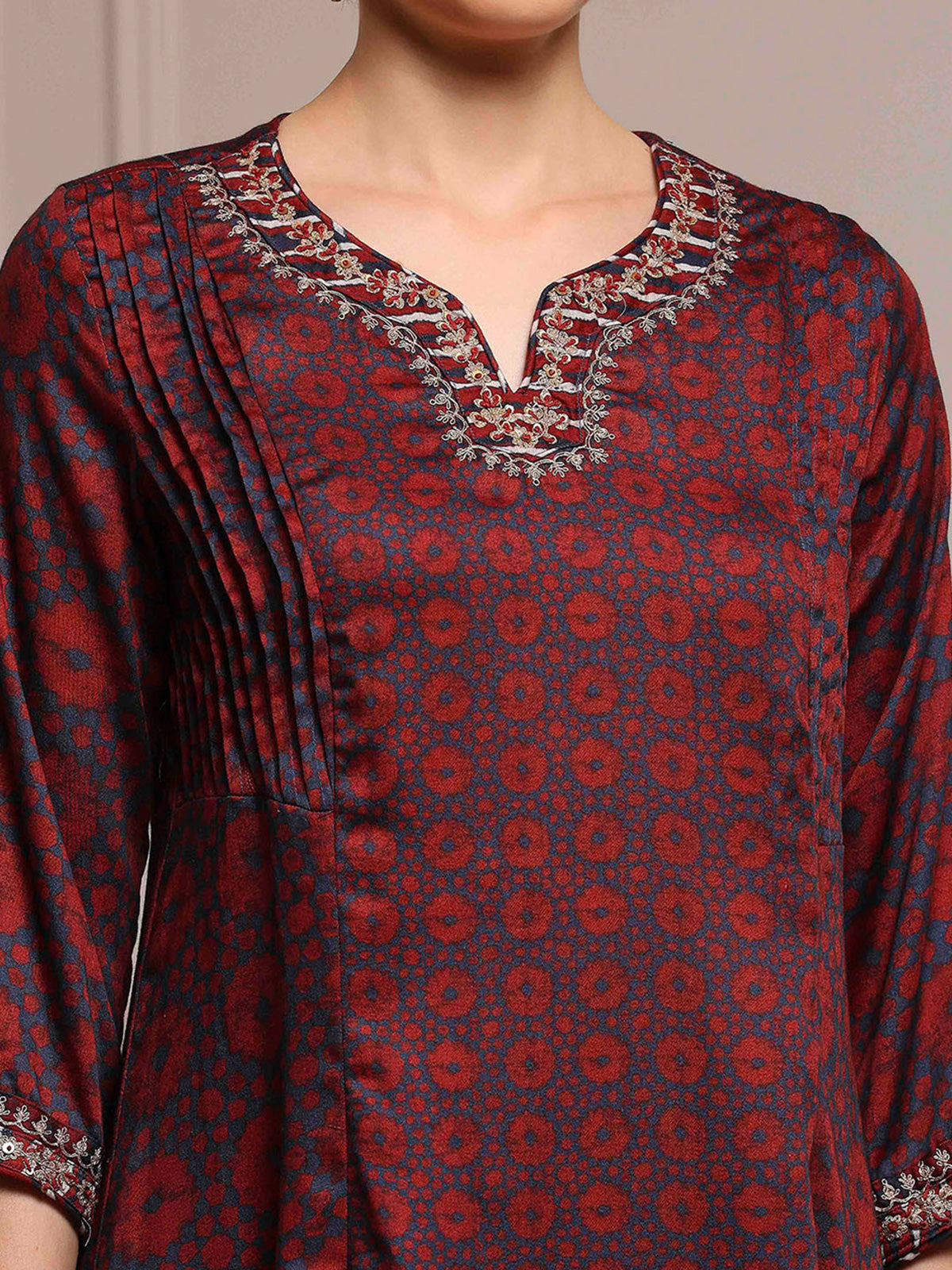 Navy and maroon cotton silk kurti set