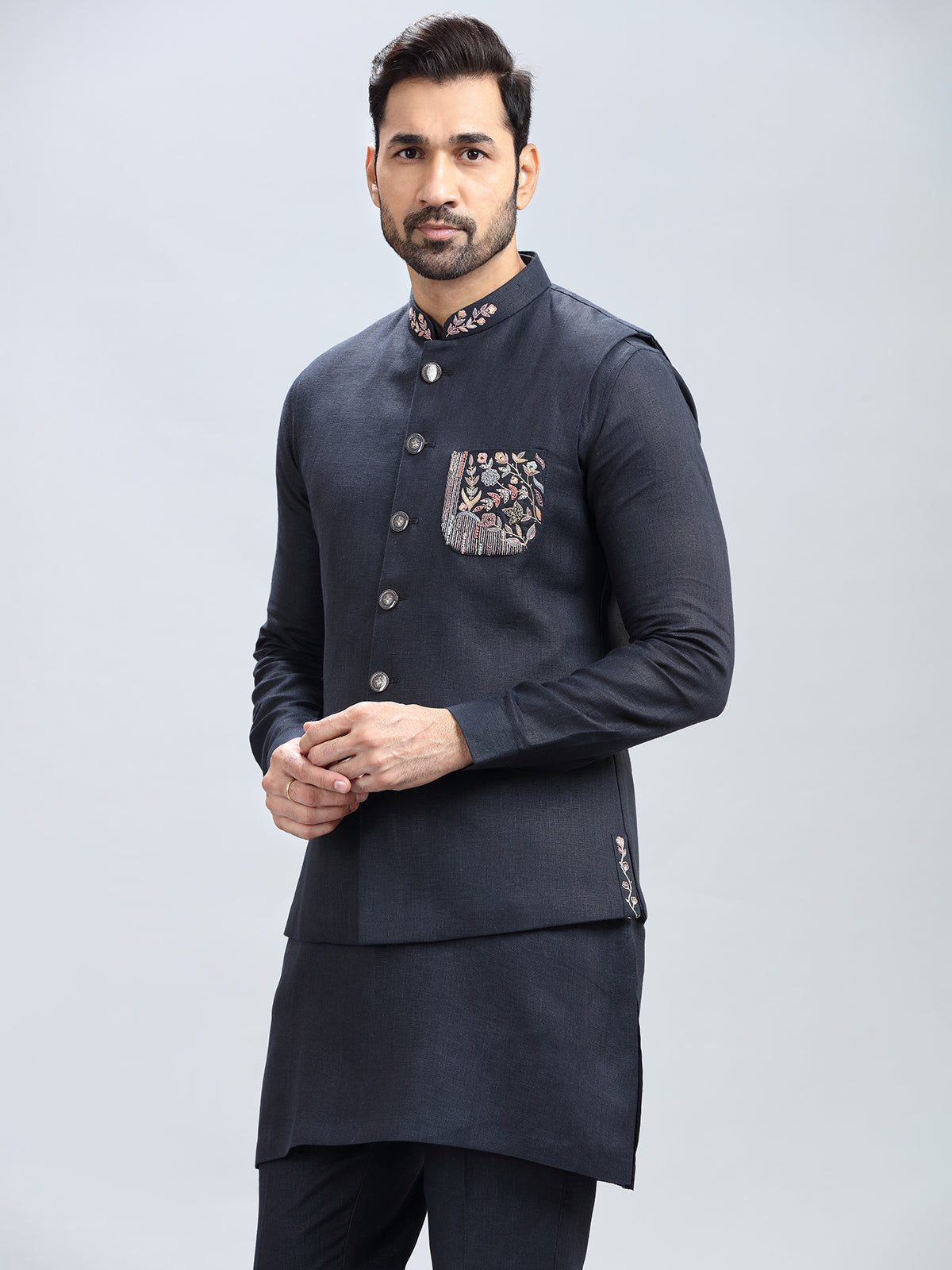 Navy blue printed cotton waistcoat set for men