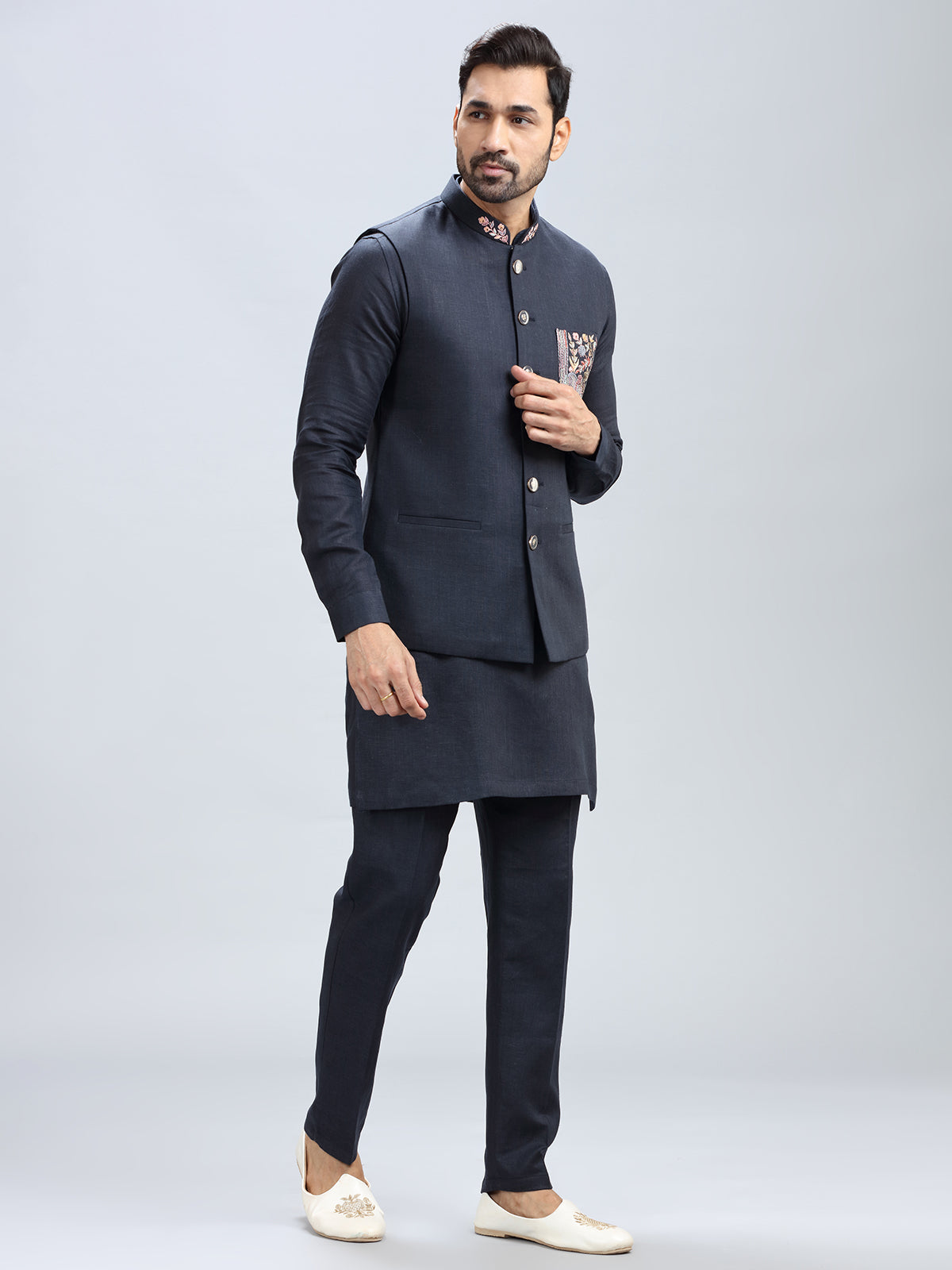 Navy blue printed cotton waistcoat set for men
