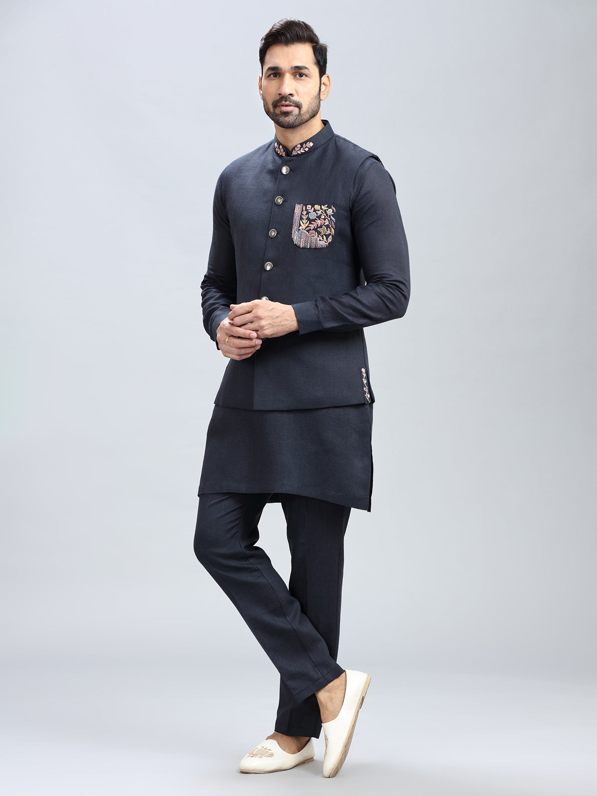 Navy blue printed cotton waistcoat set for men