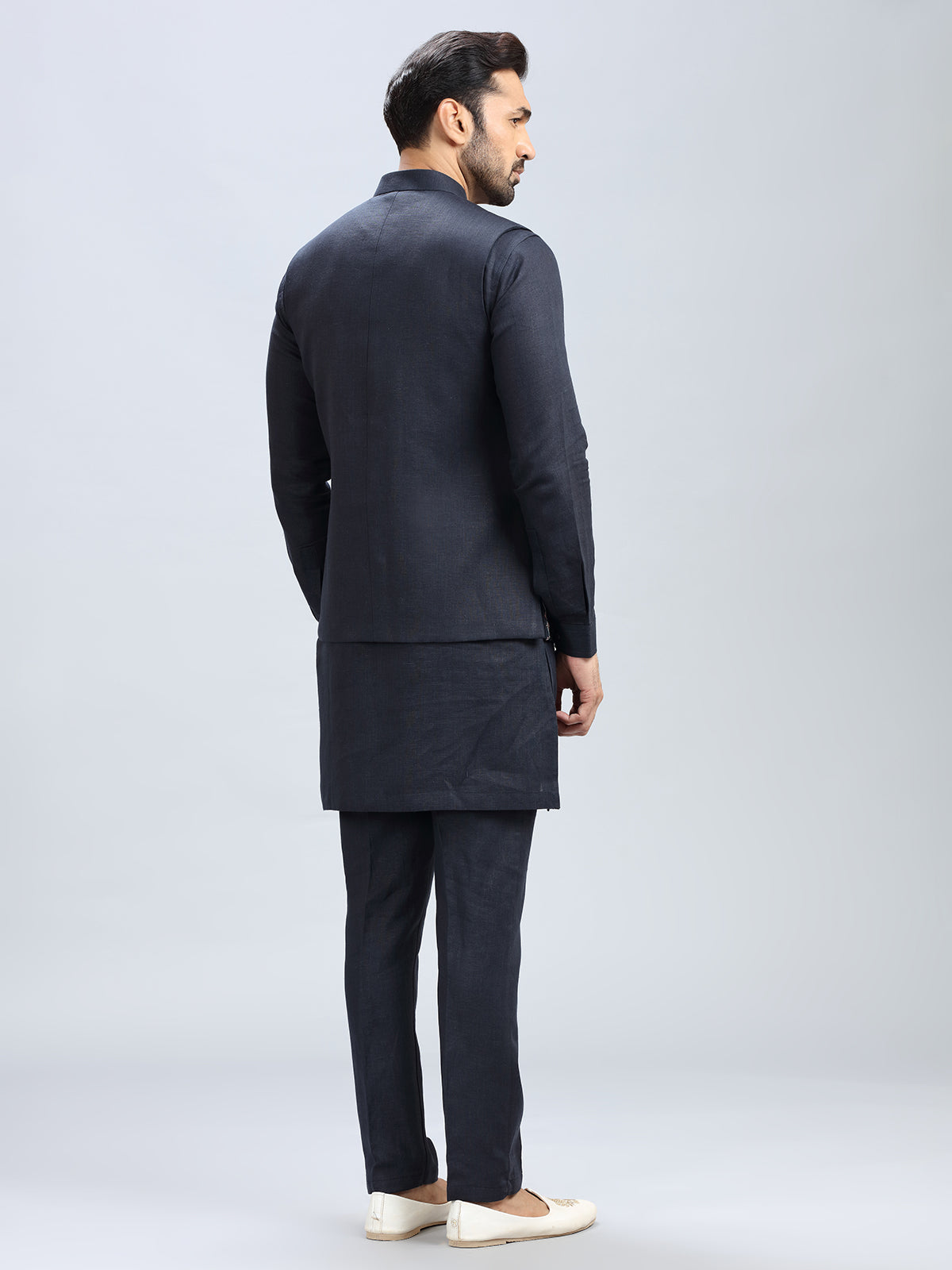 Navy blue printed cotton waistcoat set for men