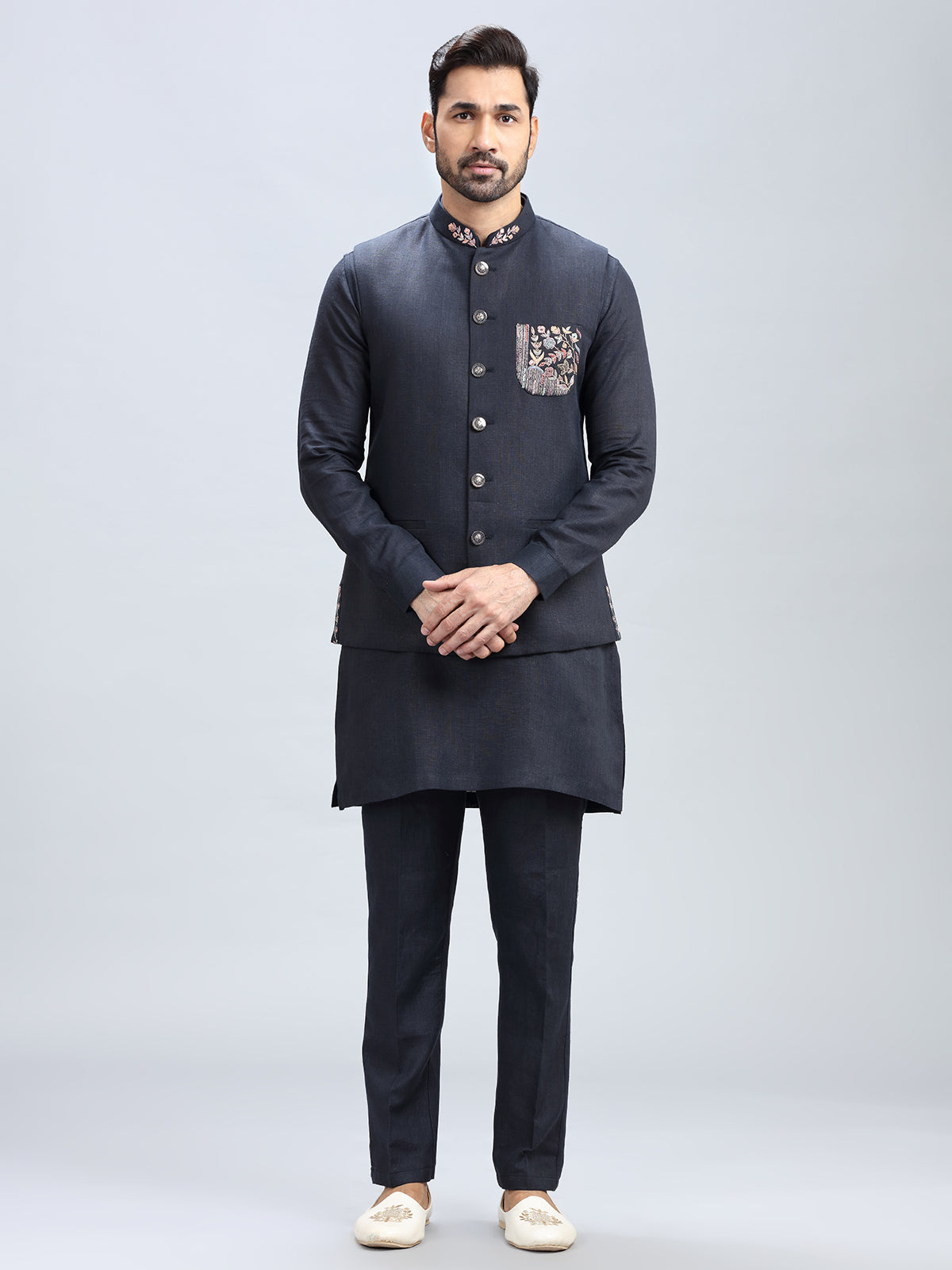 Navy blue printed cotton waistcoat set for men