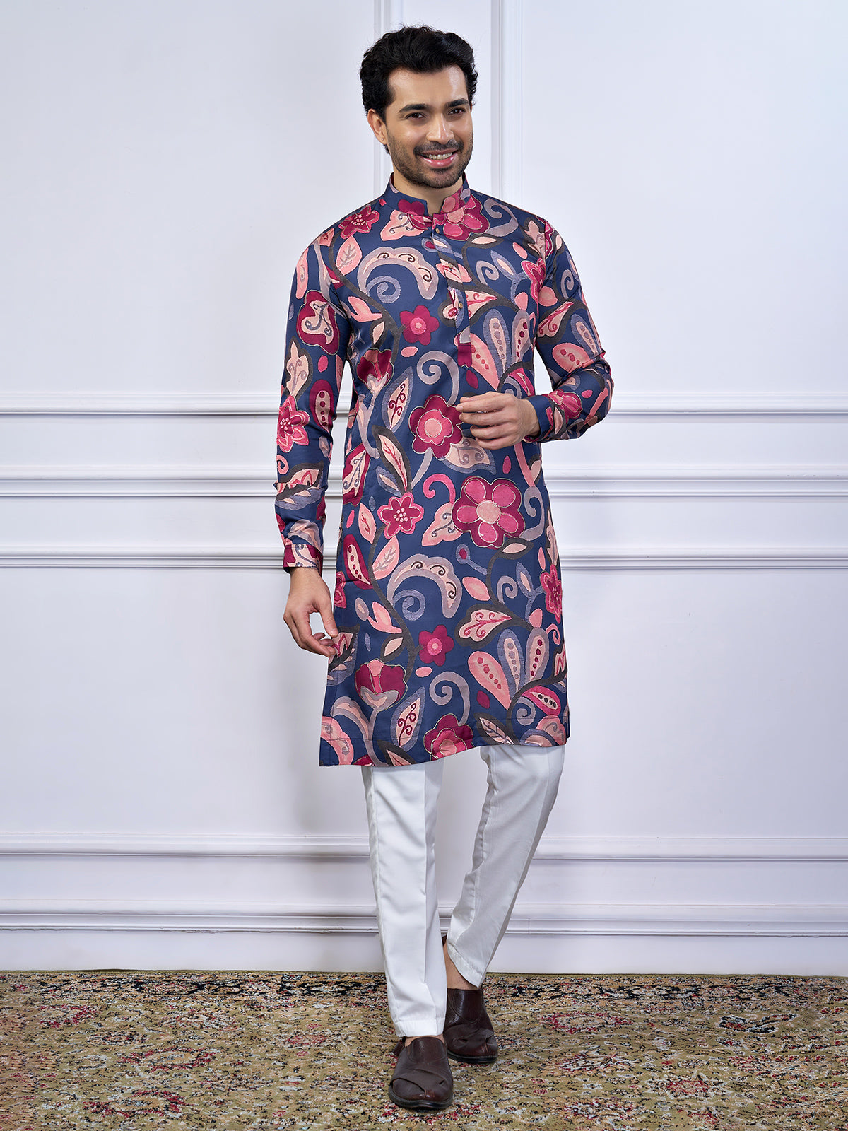 Navy cotton festival wear printed kurta suit