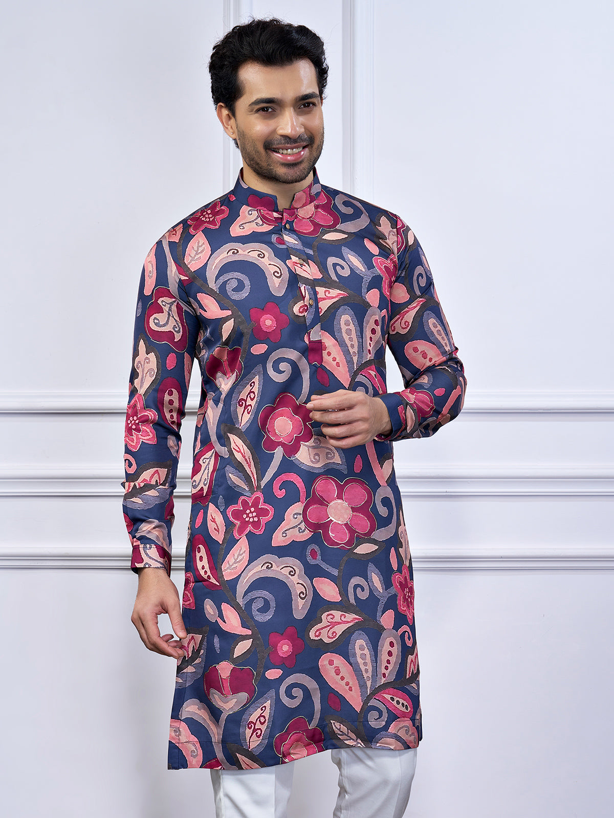 Navy cotton festival wear printed kurta suit