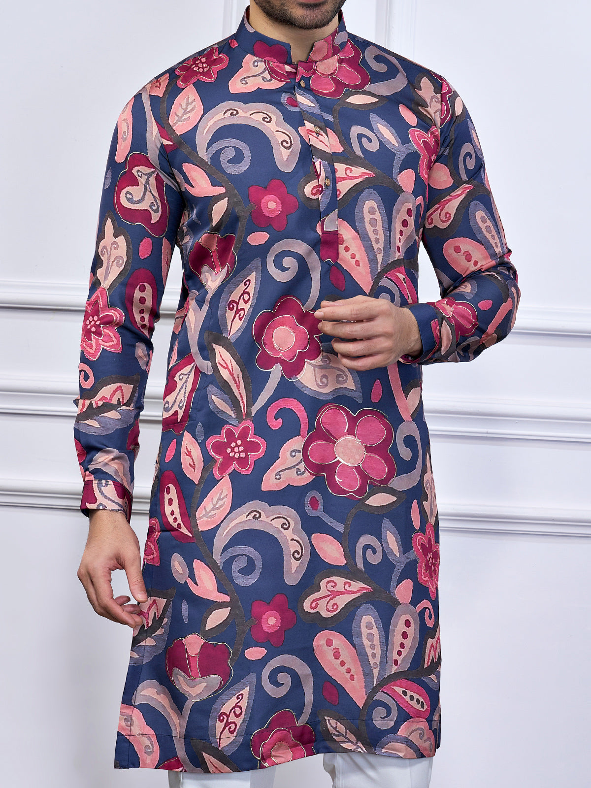 Navy cotton festival wear printed kurta suit