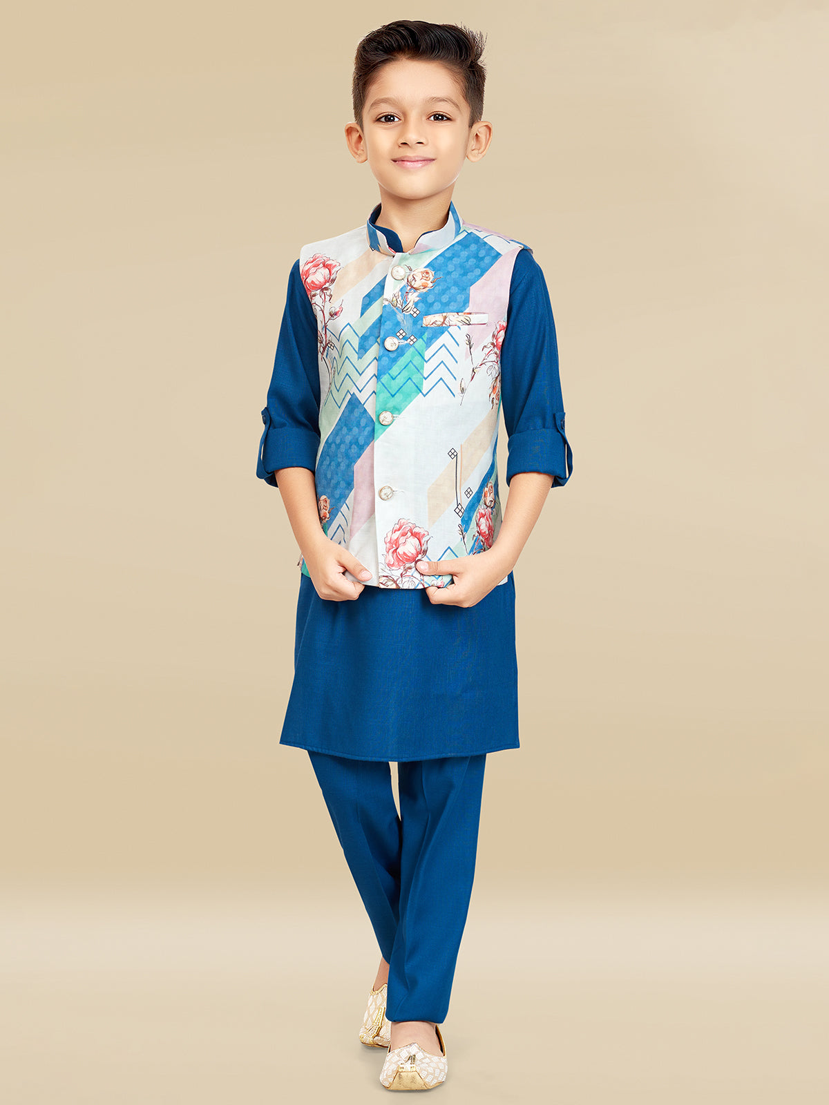 Navy cotton silk printed waiscoat set for boys