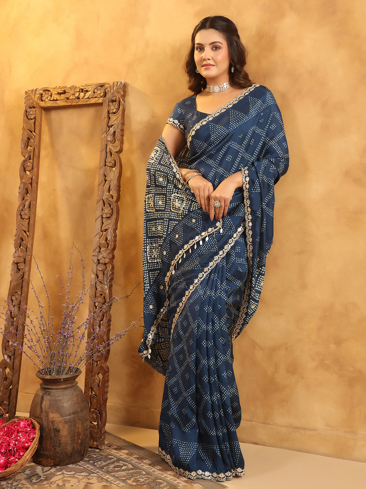 Navy printed silk saree with aabla highlights