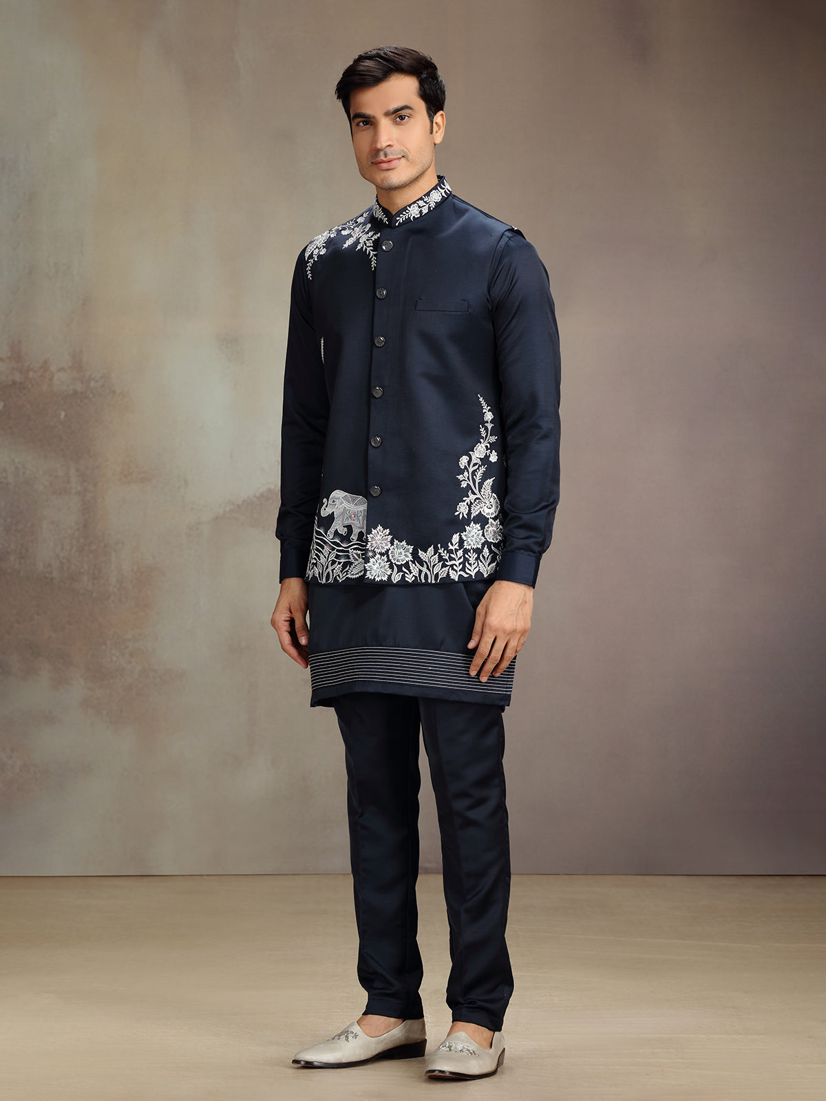 Navy satin linen waistcoat set for wedding celebration