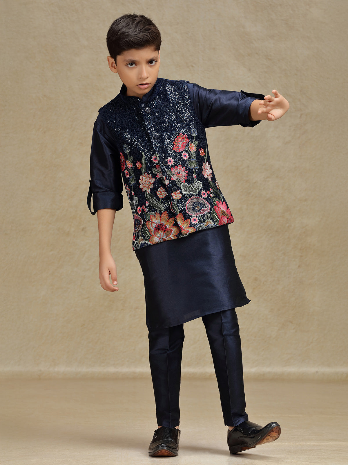 Navy sequins worked silk waistcoat set for boys