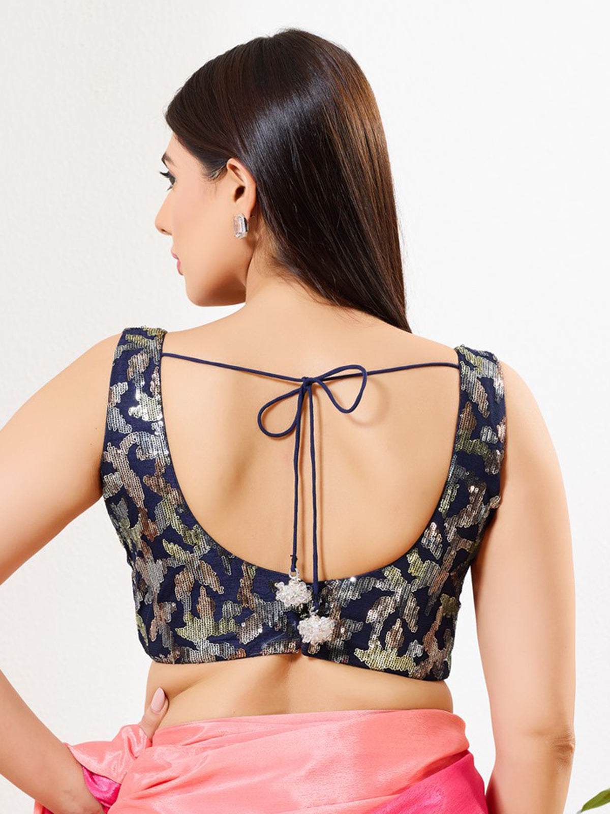 Navy silk sleeveless sequins work sweetheart neck blouse